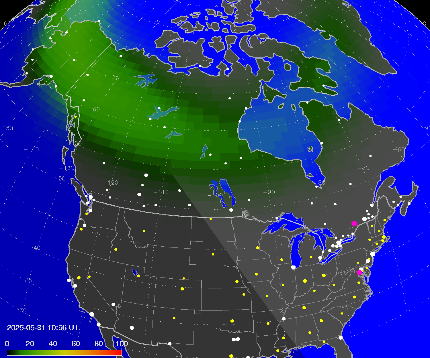 Northern lights (auroras) over North America