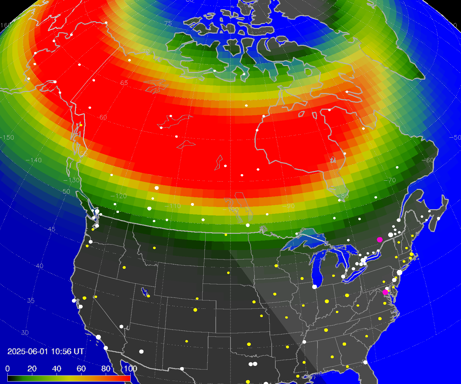 Northern lights (auroras) over North America