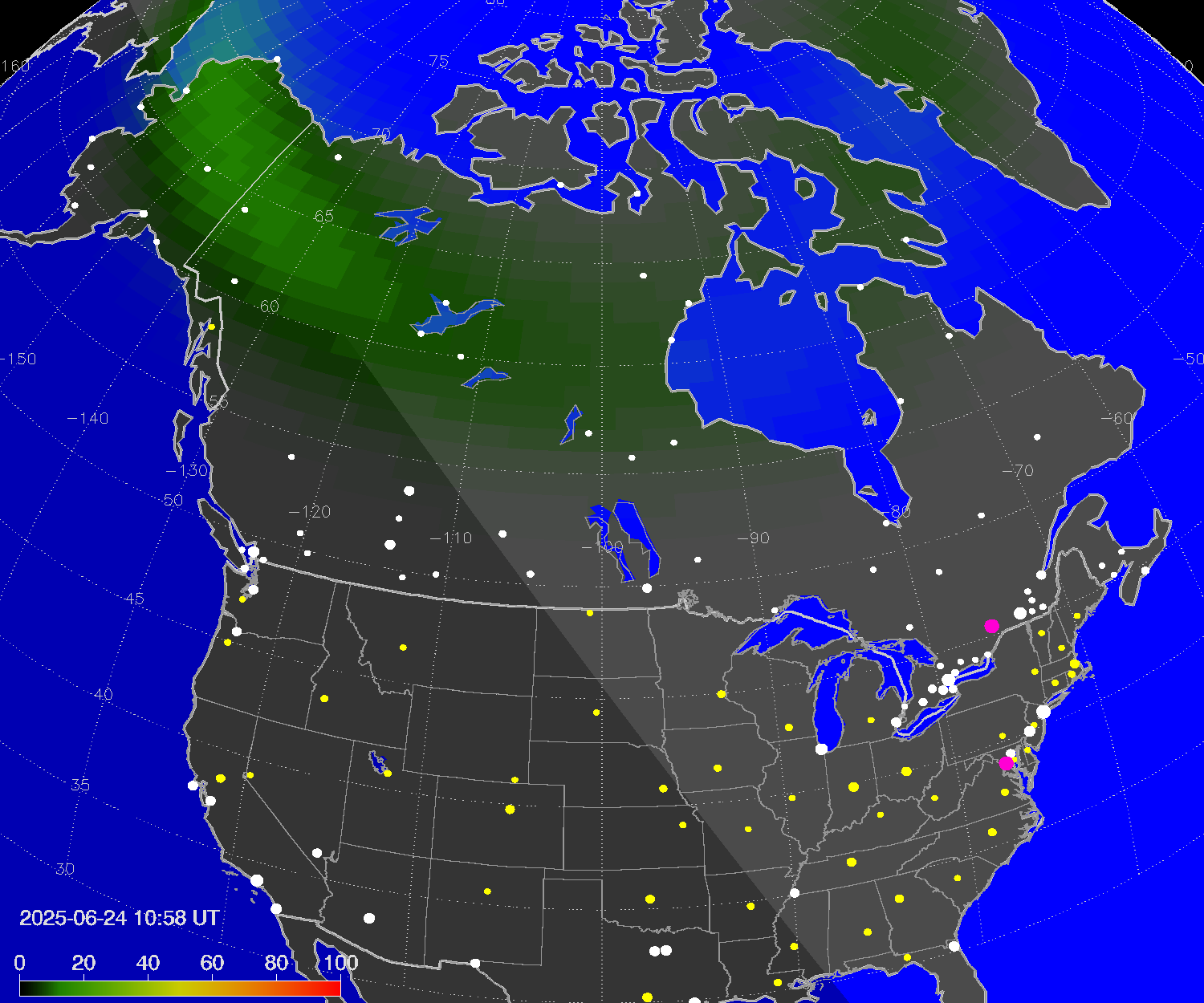 Northern lights (auroras) over North America