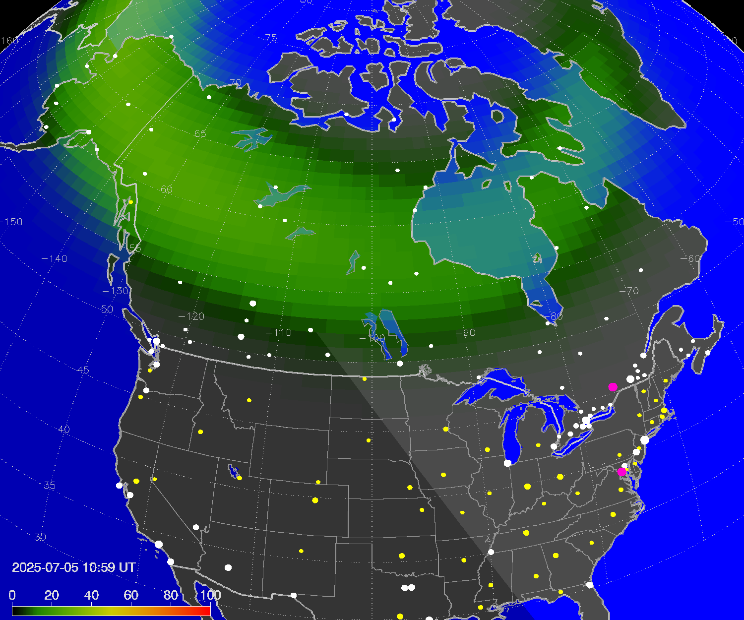 Northern lights (auroras) over North America