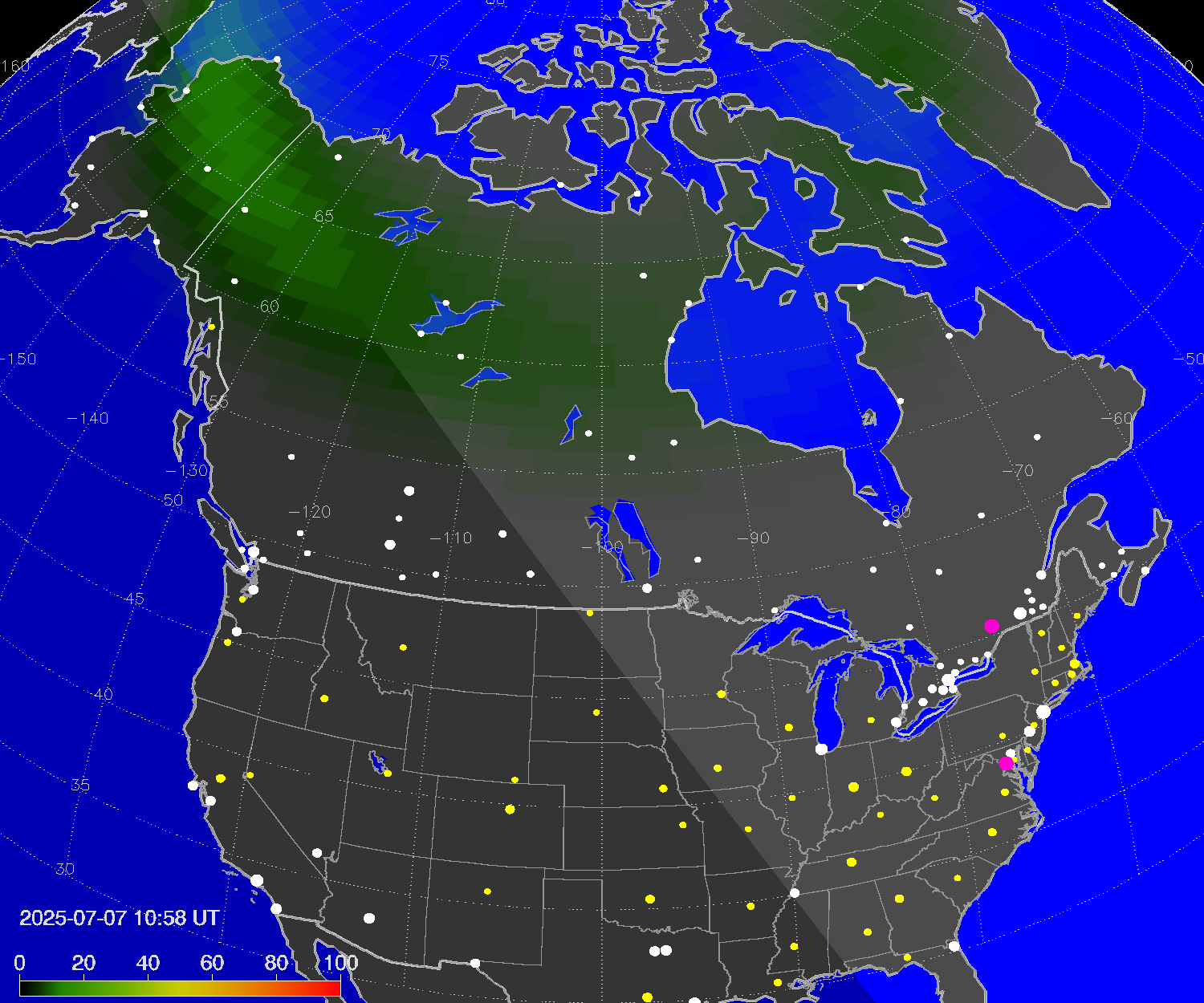 Northern lights (auroras) over North America