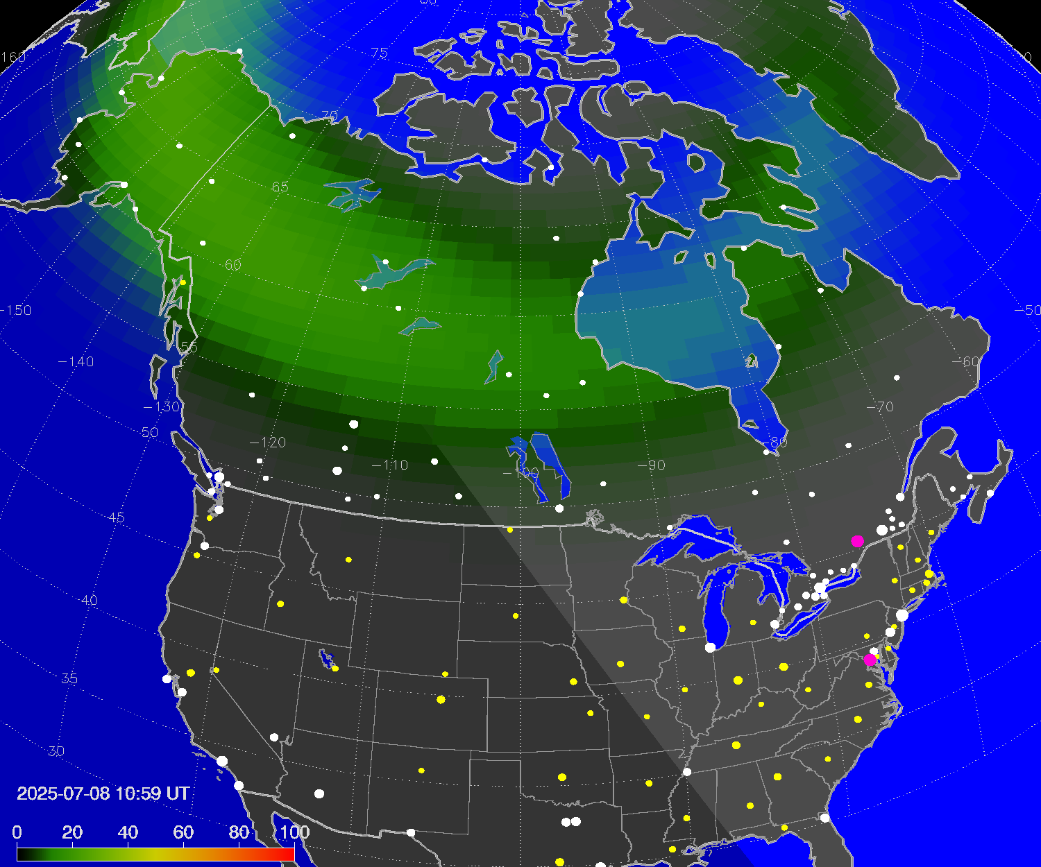 Northern lights (auroras) over North America