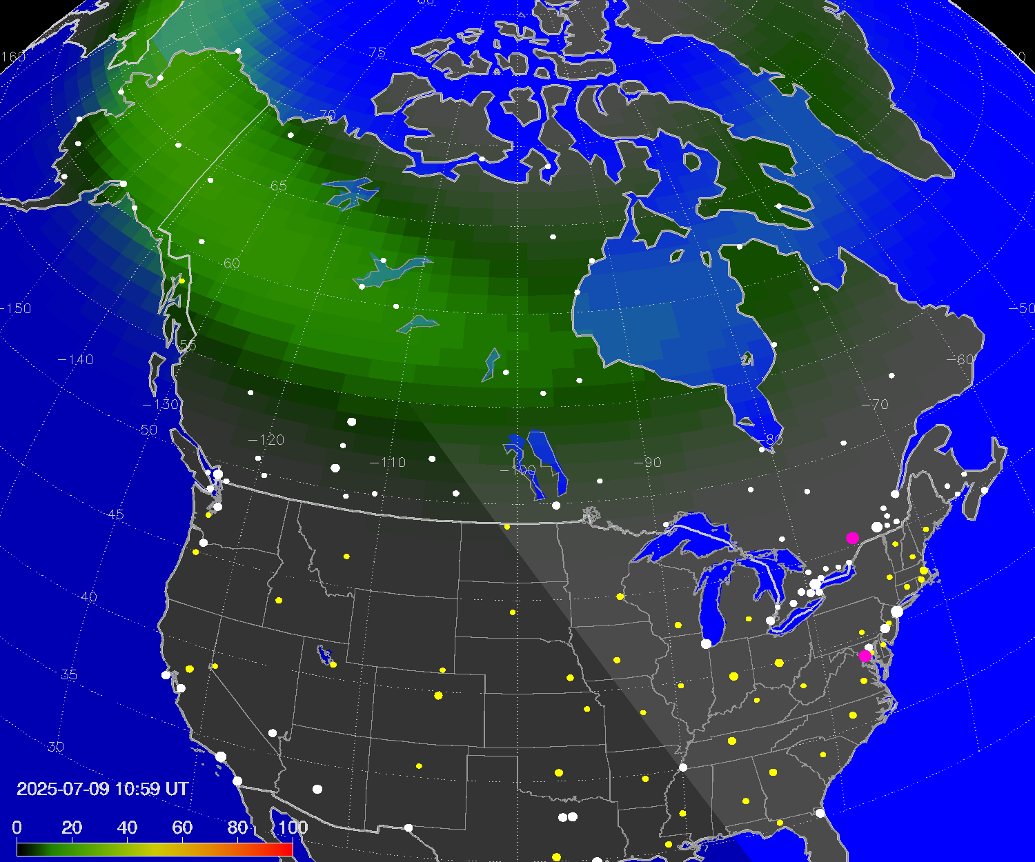 Northern lights (auroras) over North America