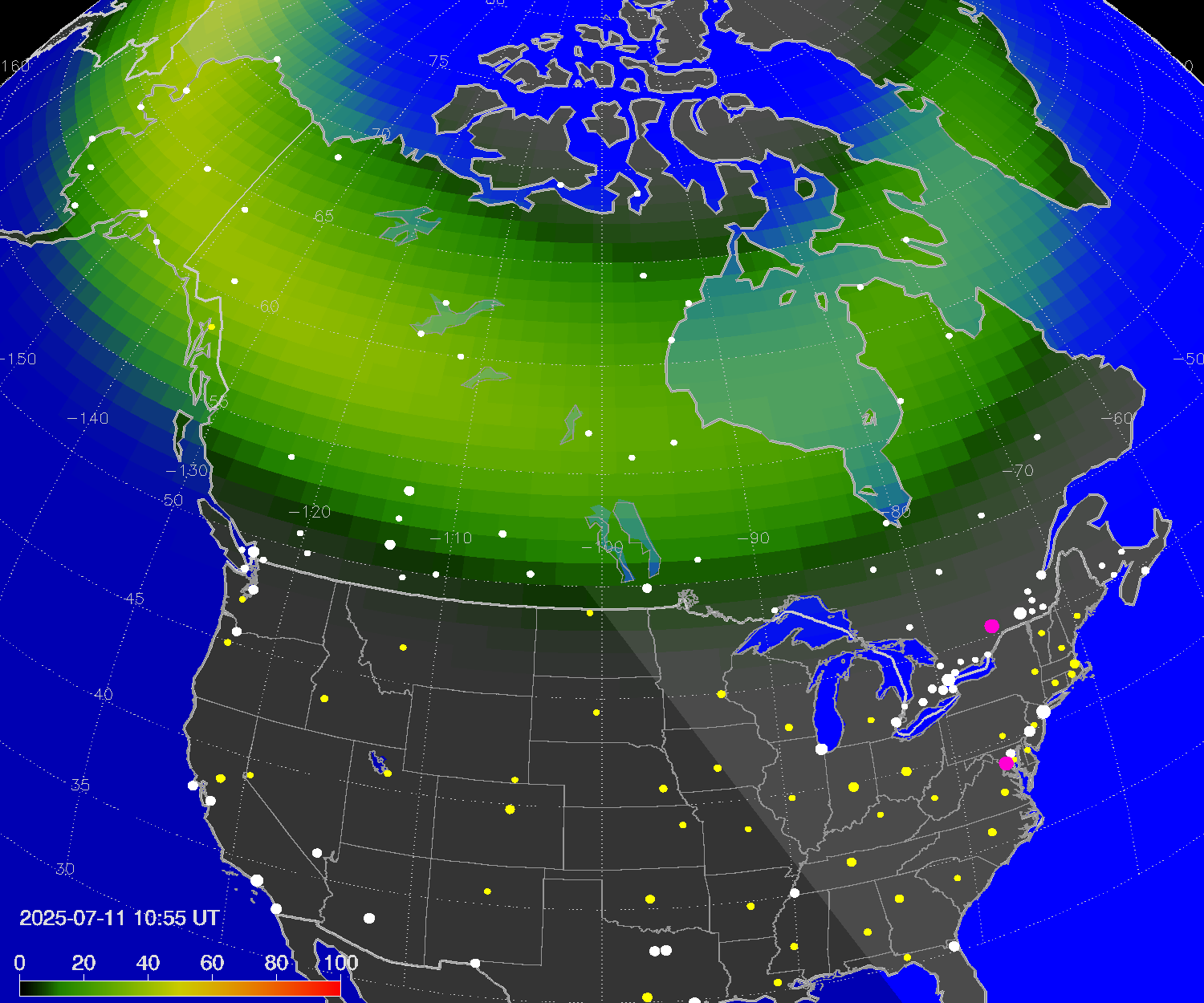 Northern lights (auroras) over North America