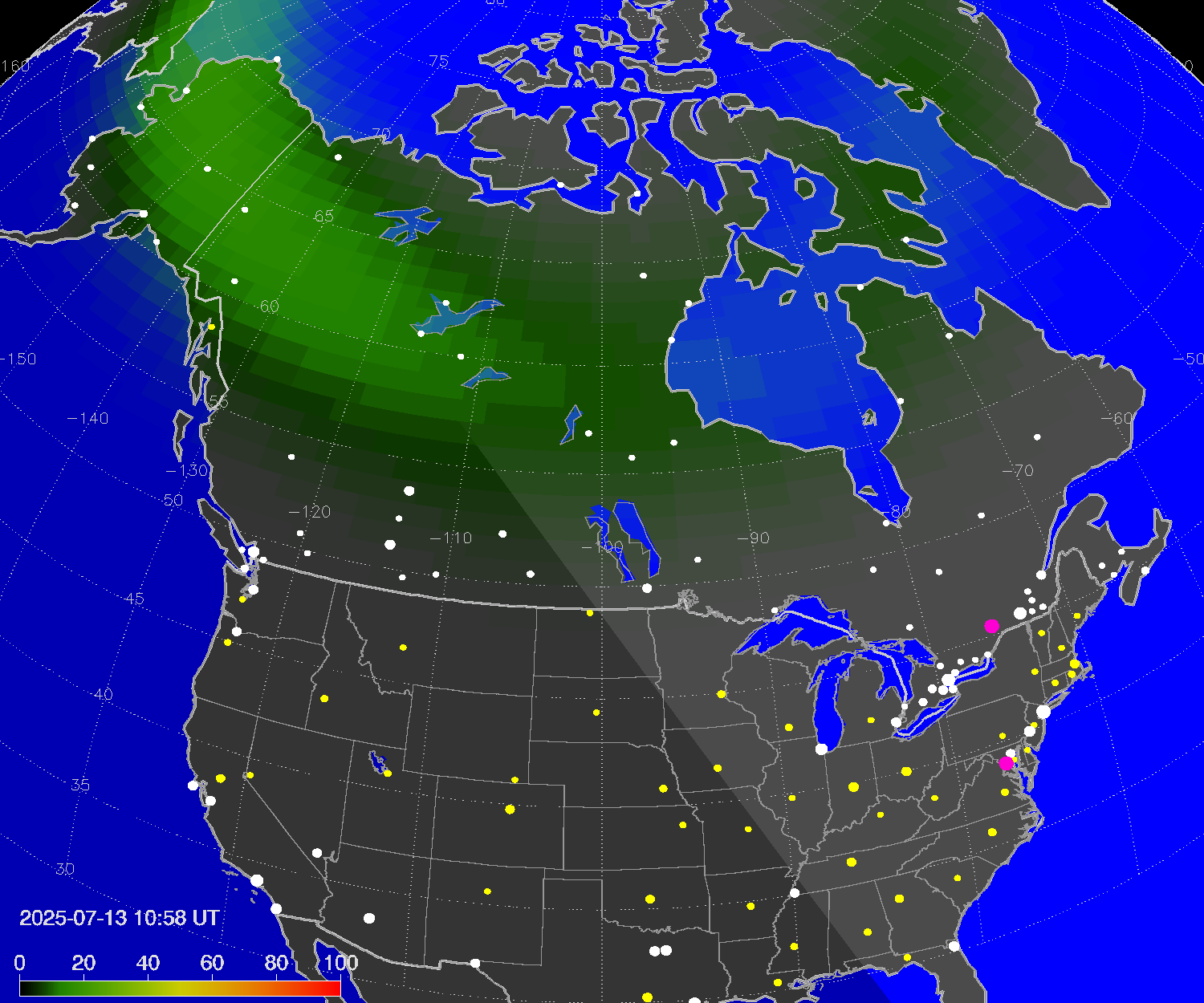 Northern lights (auroras) over North America