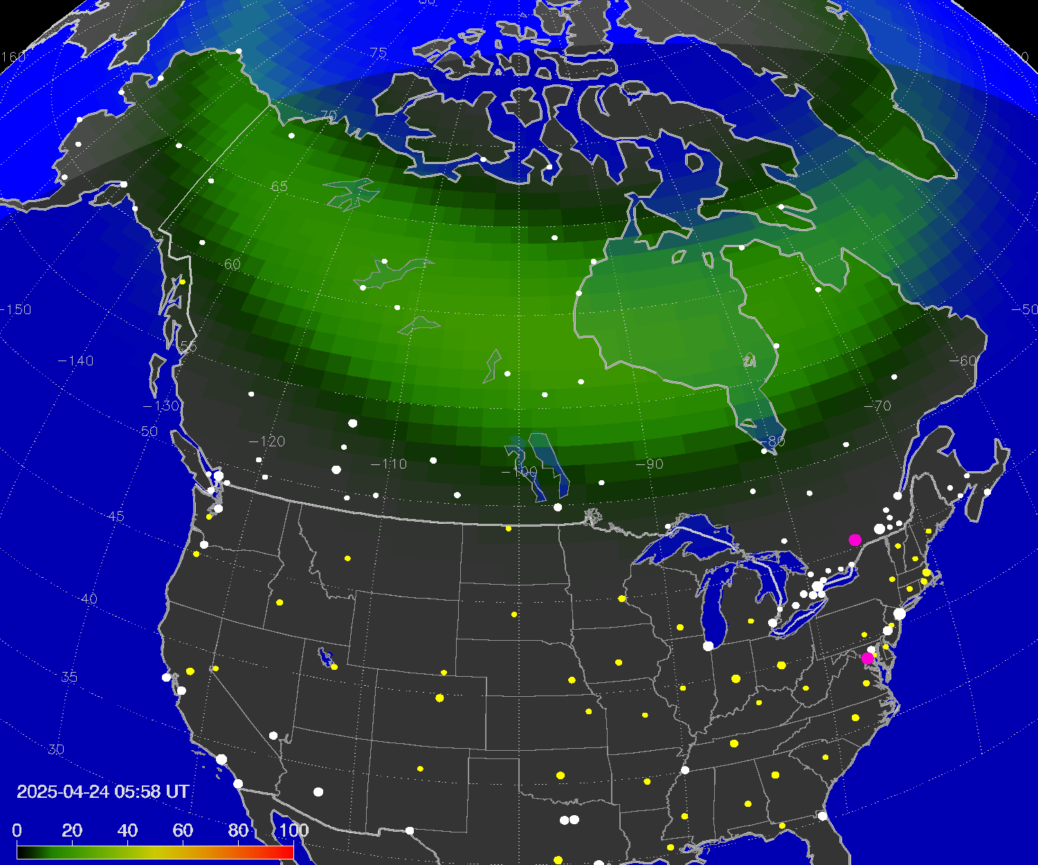 Northern lights (auroras) over North America
