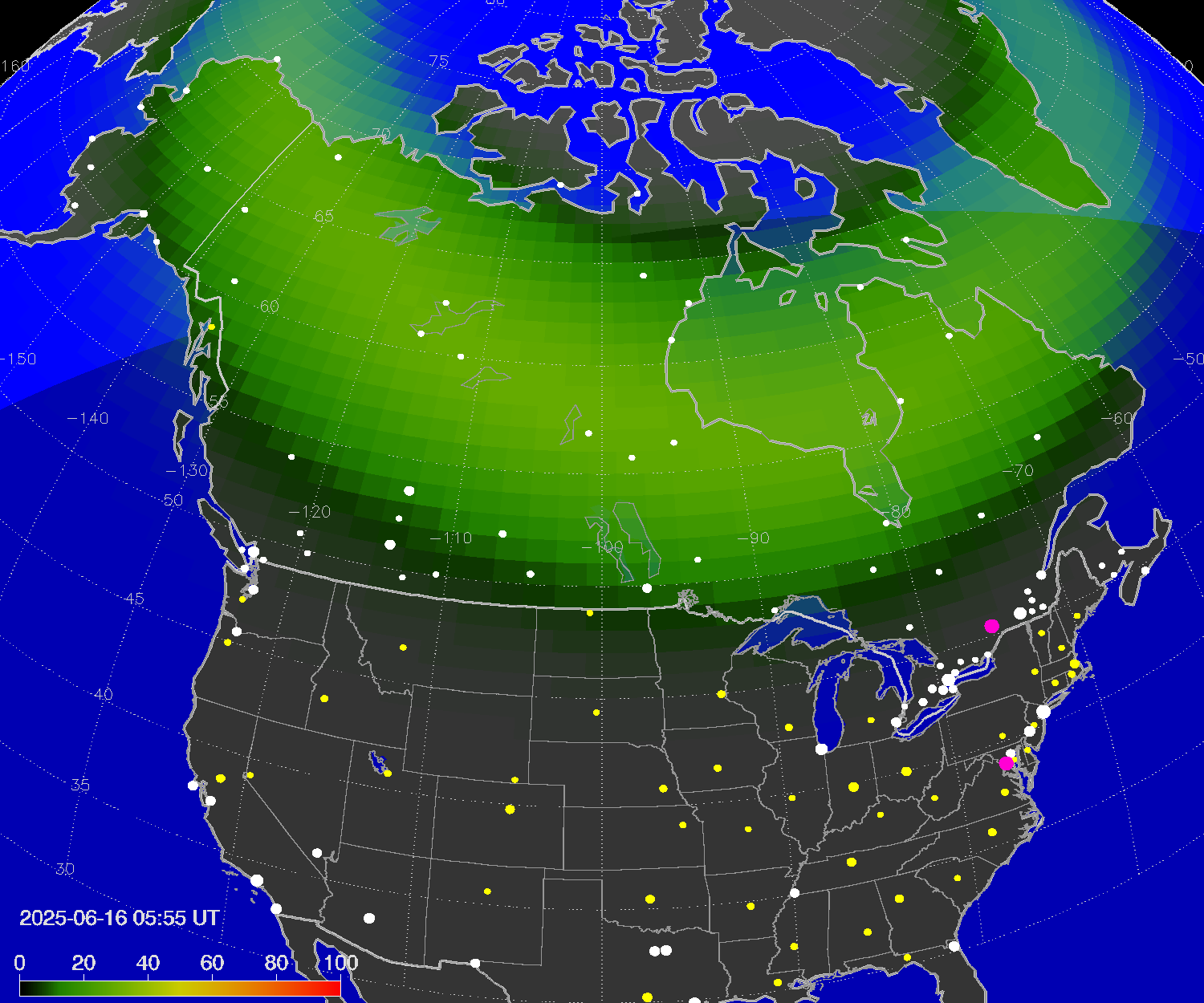 Northern lights (auroras) over North America