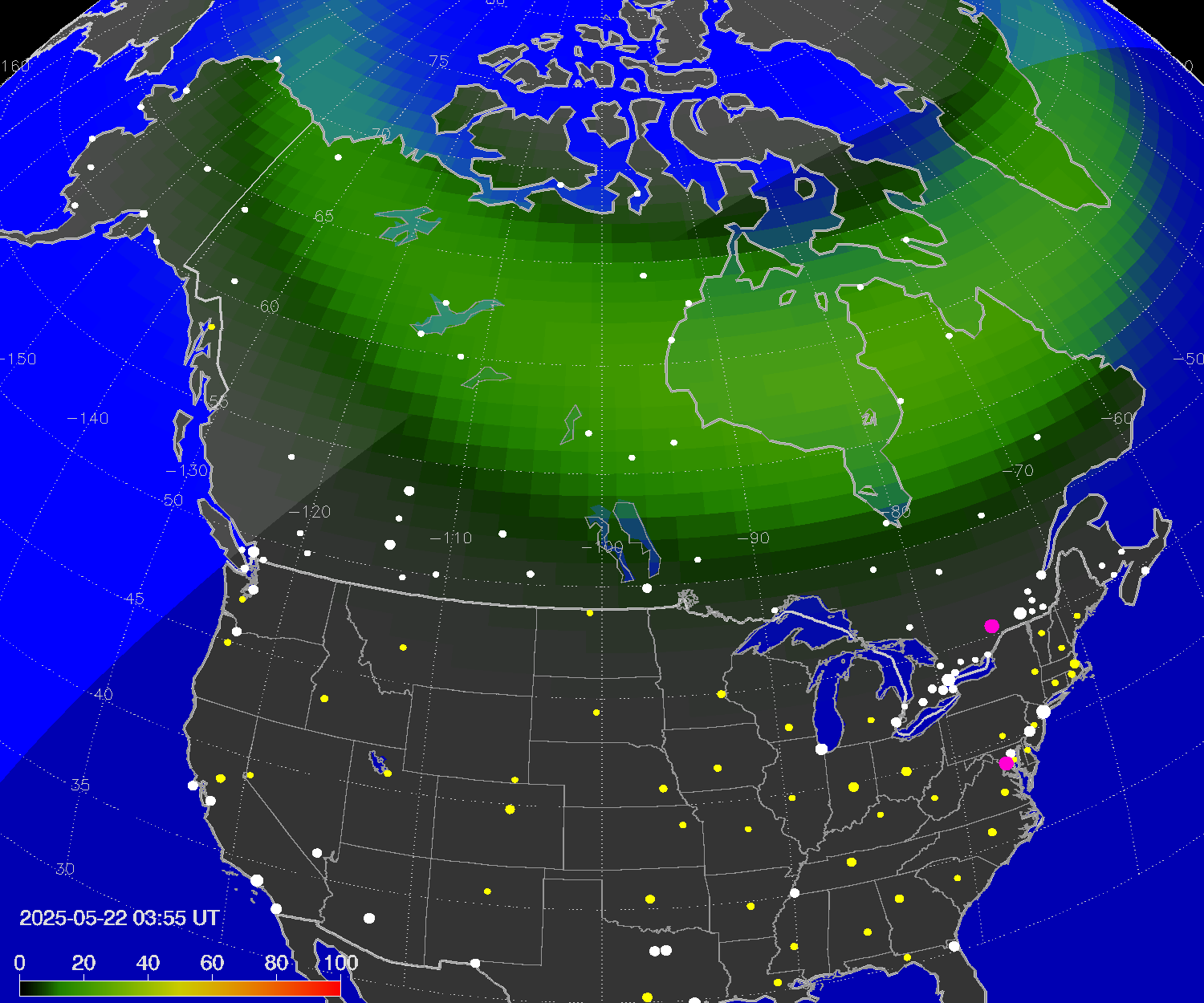 Northern lights (auroras) over North America