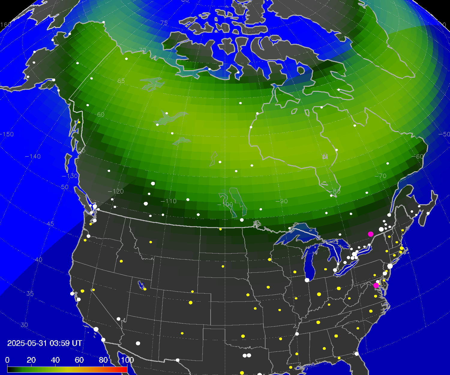 Northern lights (auroras) over North America