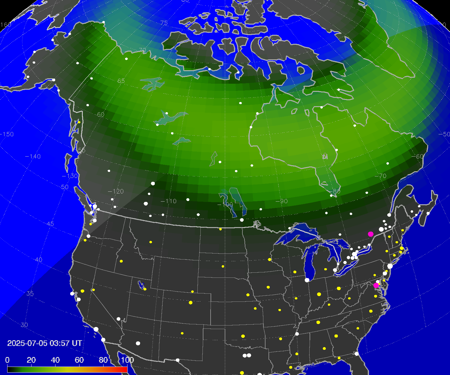 Northern lights (auroras) over North America