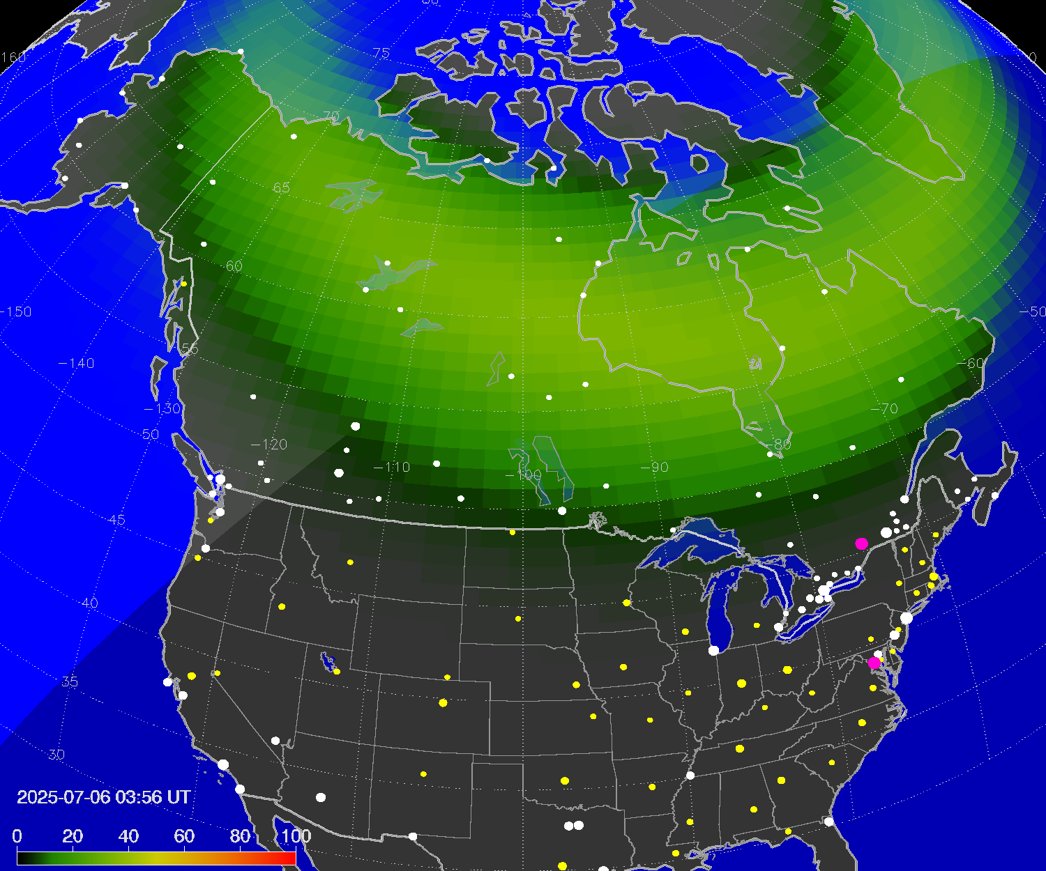 Northern lights (auroras) over North America