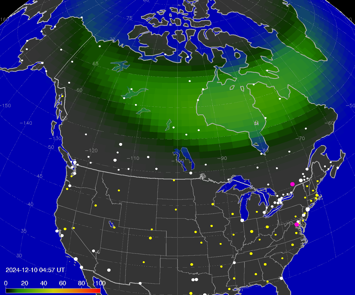 Northern lights (auroras) over North America