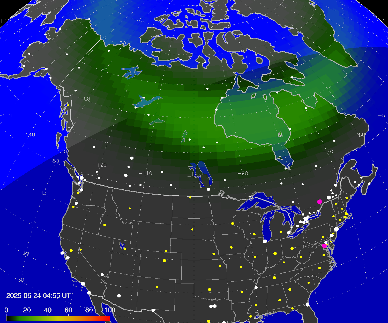 Northern lights (auroras) over North America