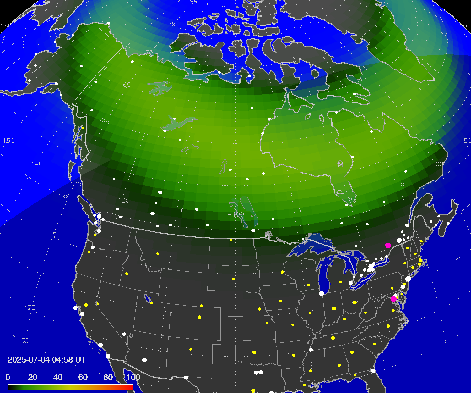 Northern lights (auroras) over North America