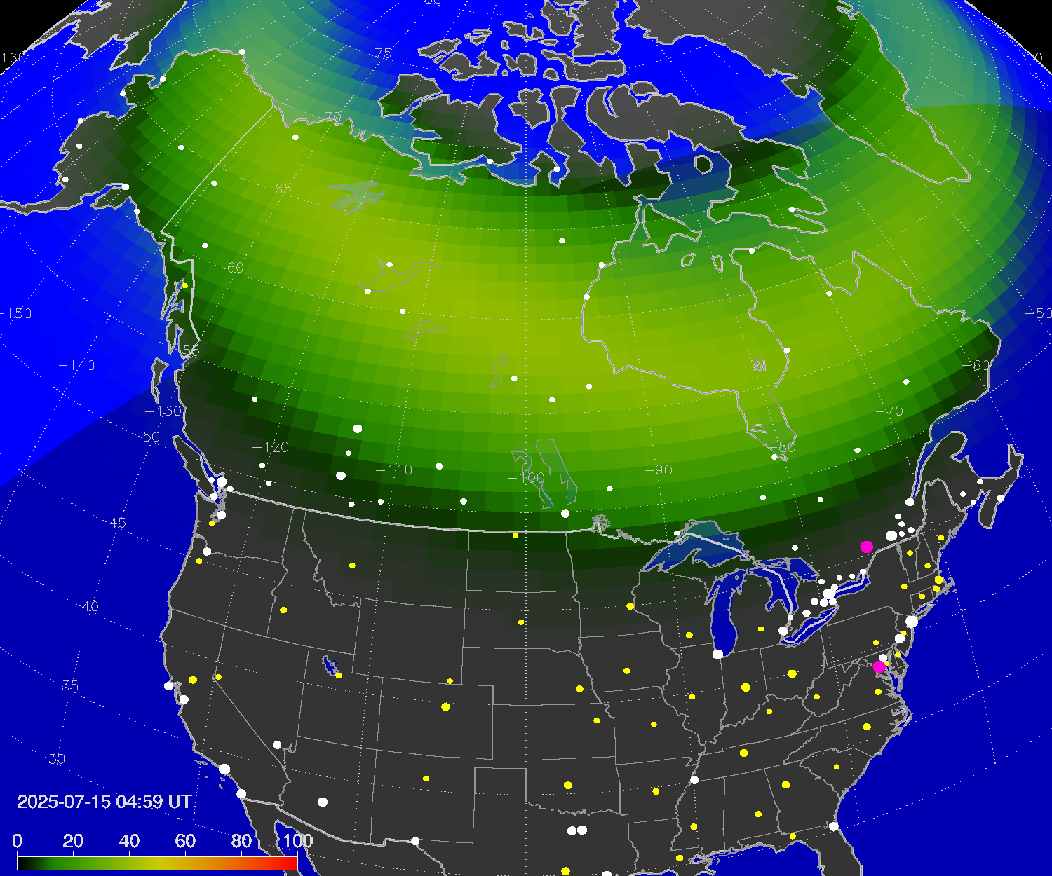 Northern lights (auroras) over North America