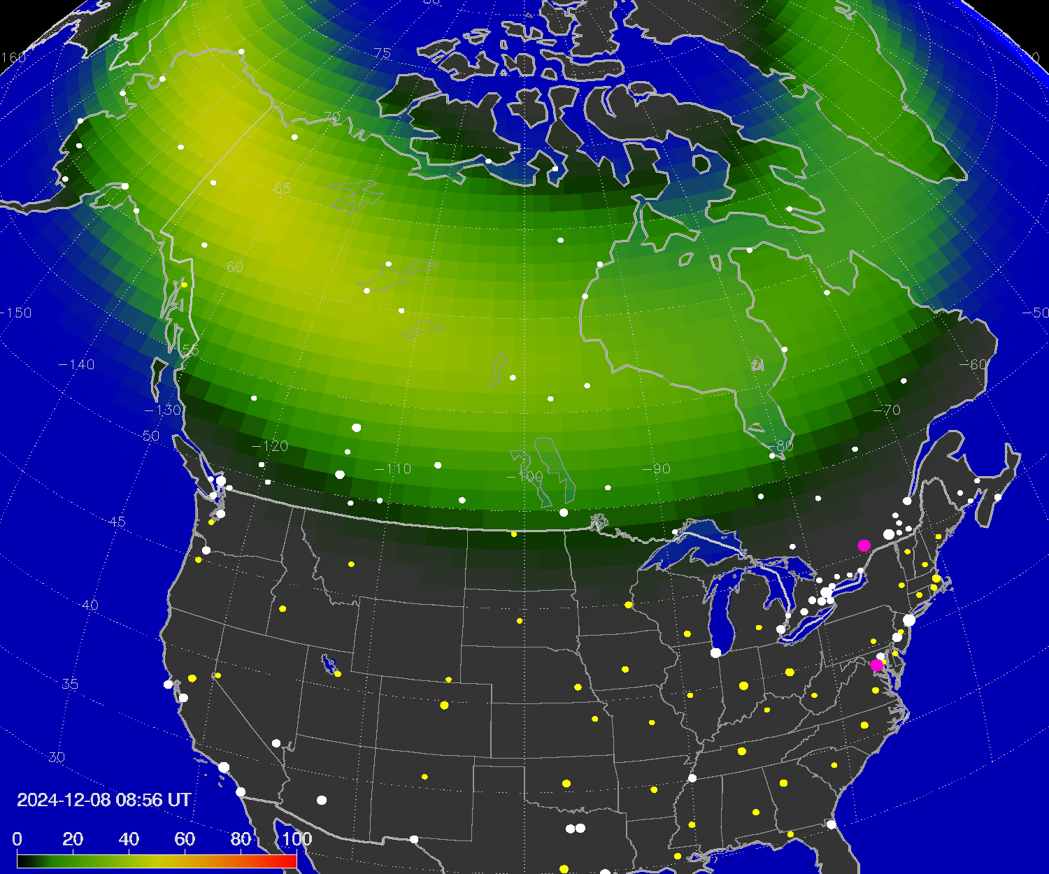 Northern lights (auroras) over North America