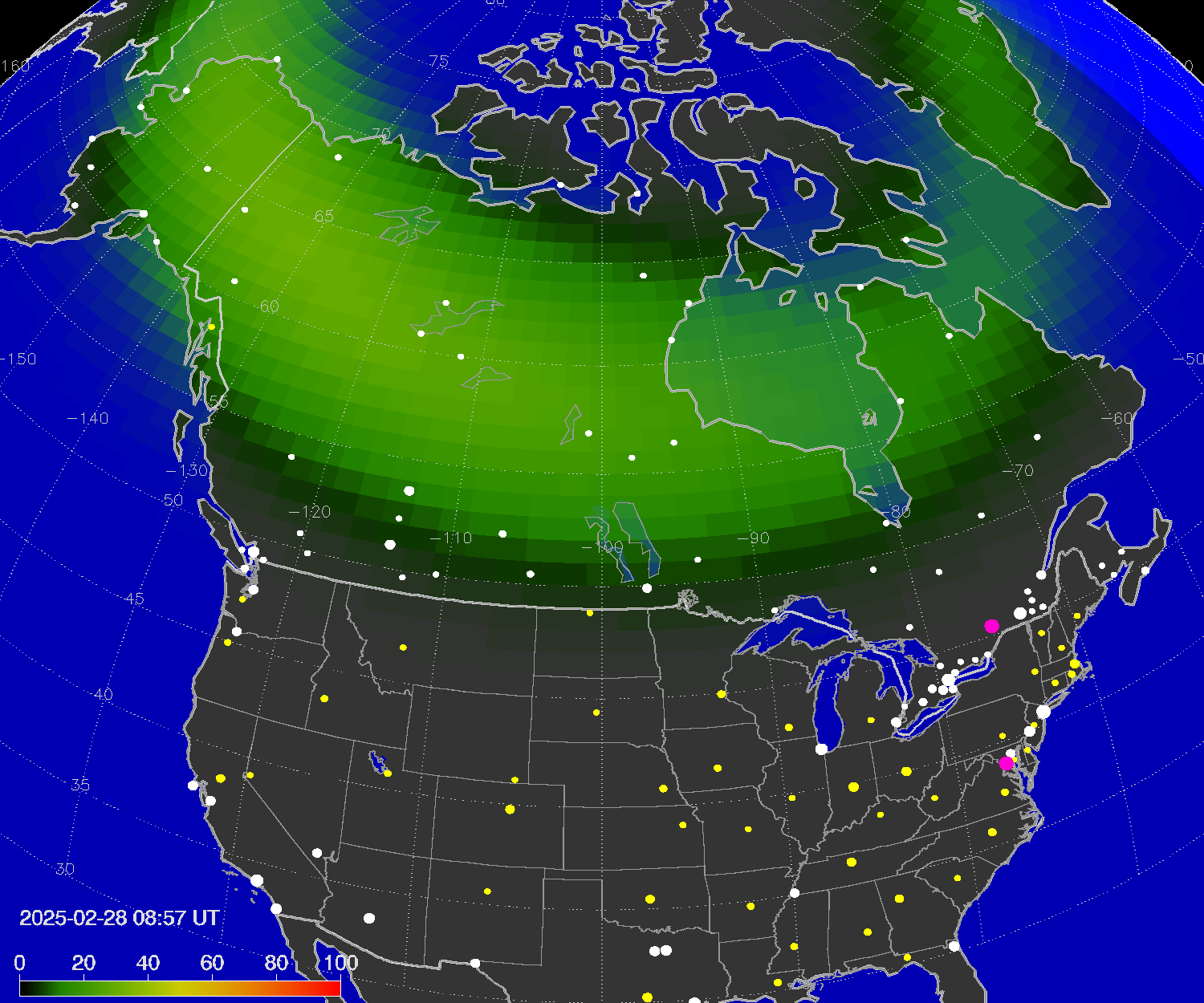 Northern lights (auroras) over North America