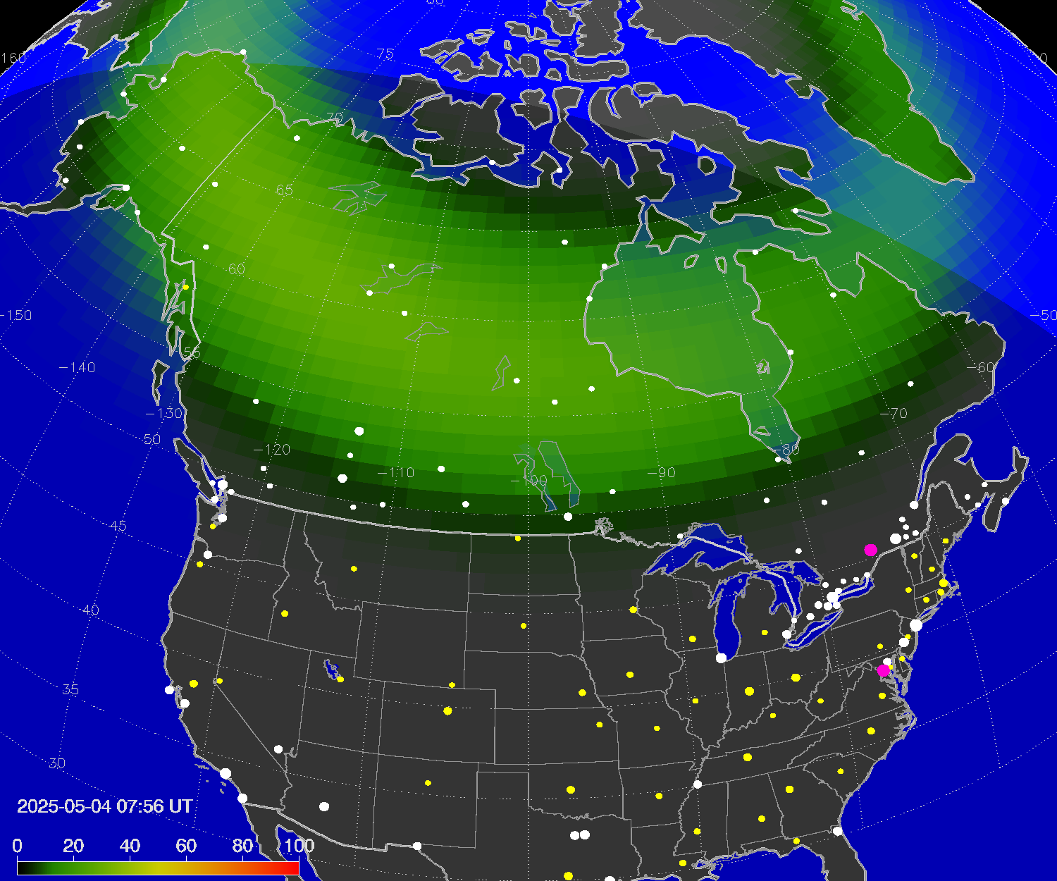 Northern lights (auroras) over North America