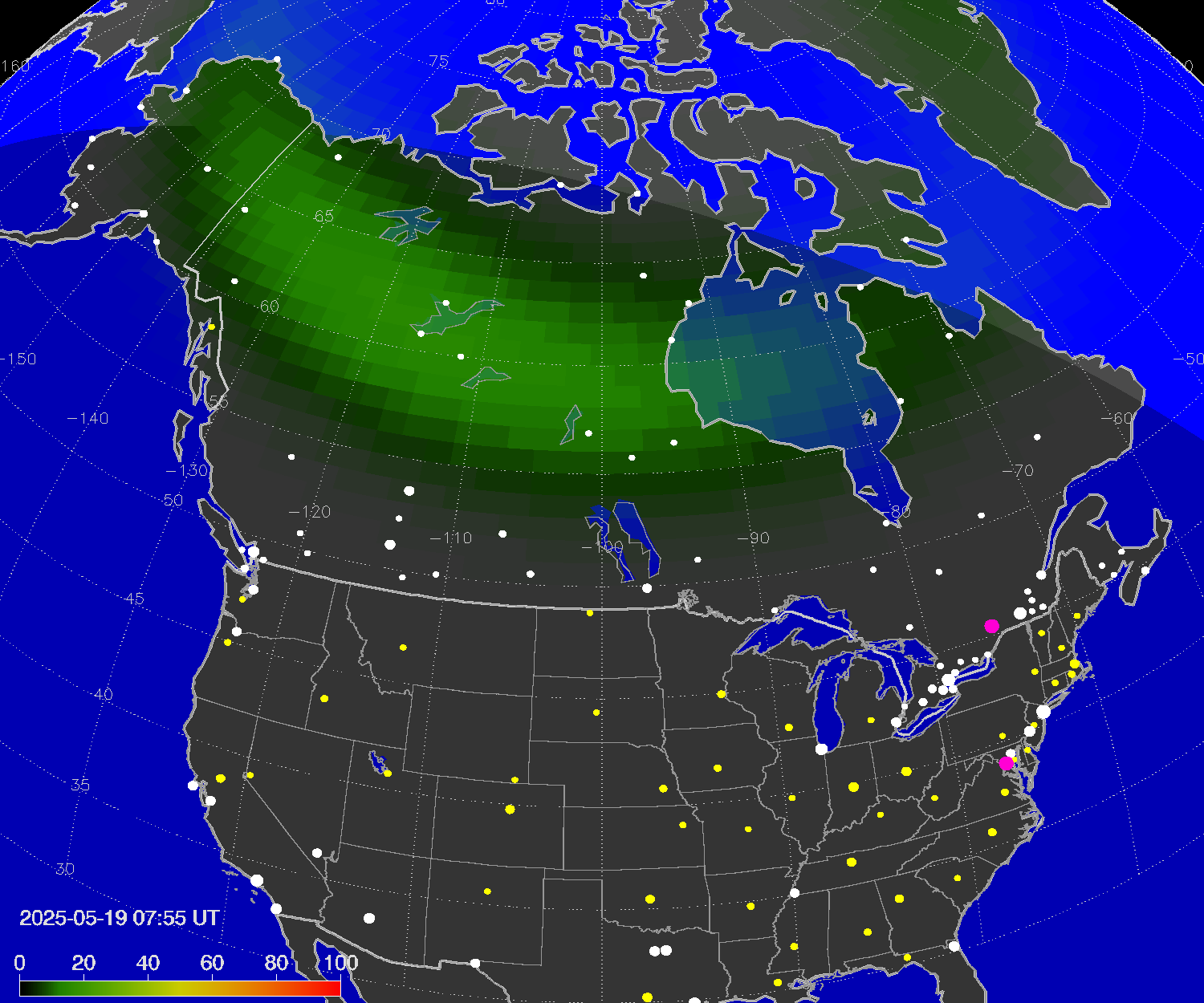 Northern lights (auroras) over North America
