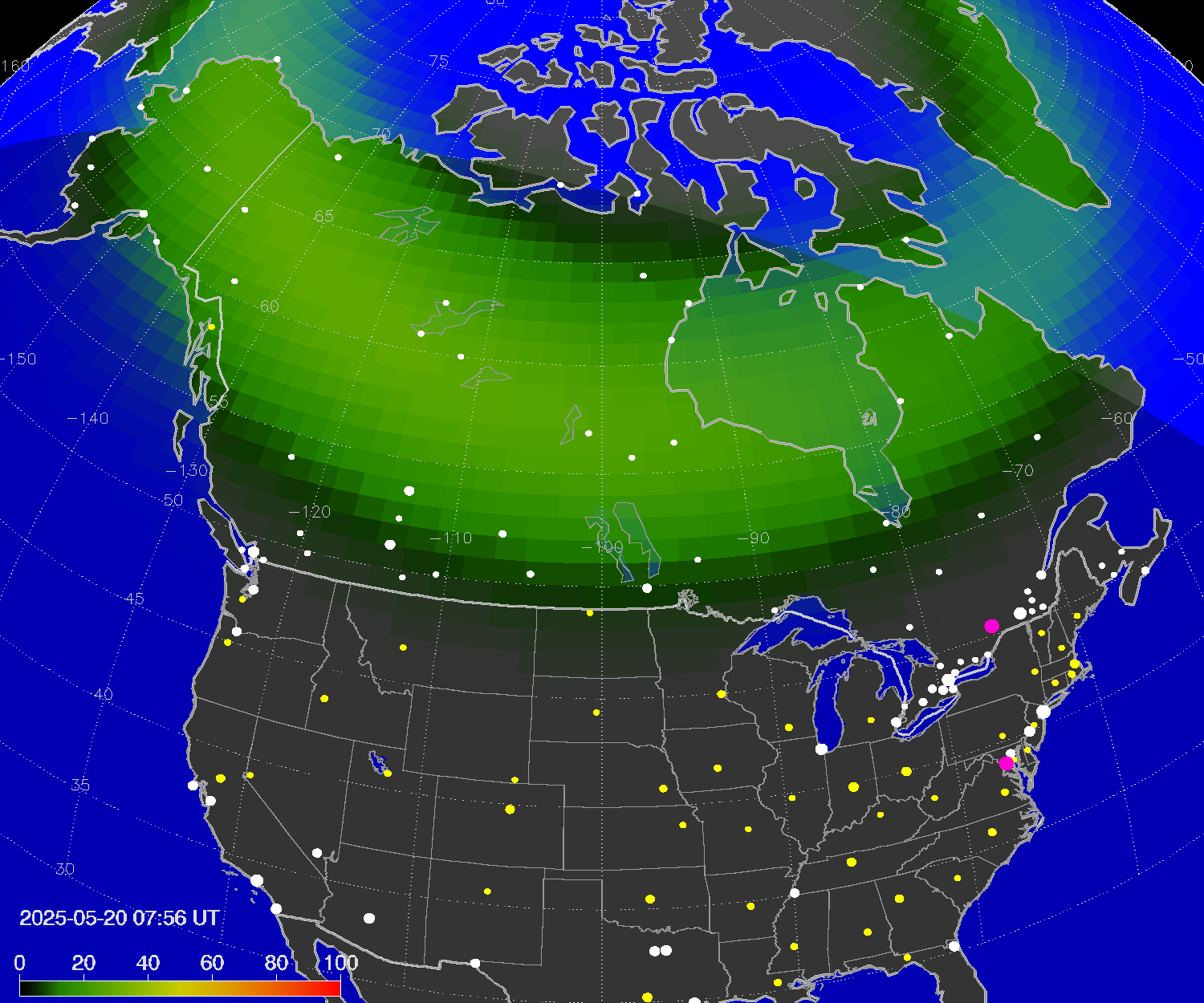 Northern lights (auroras) over North America