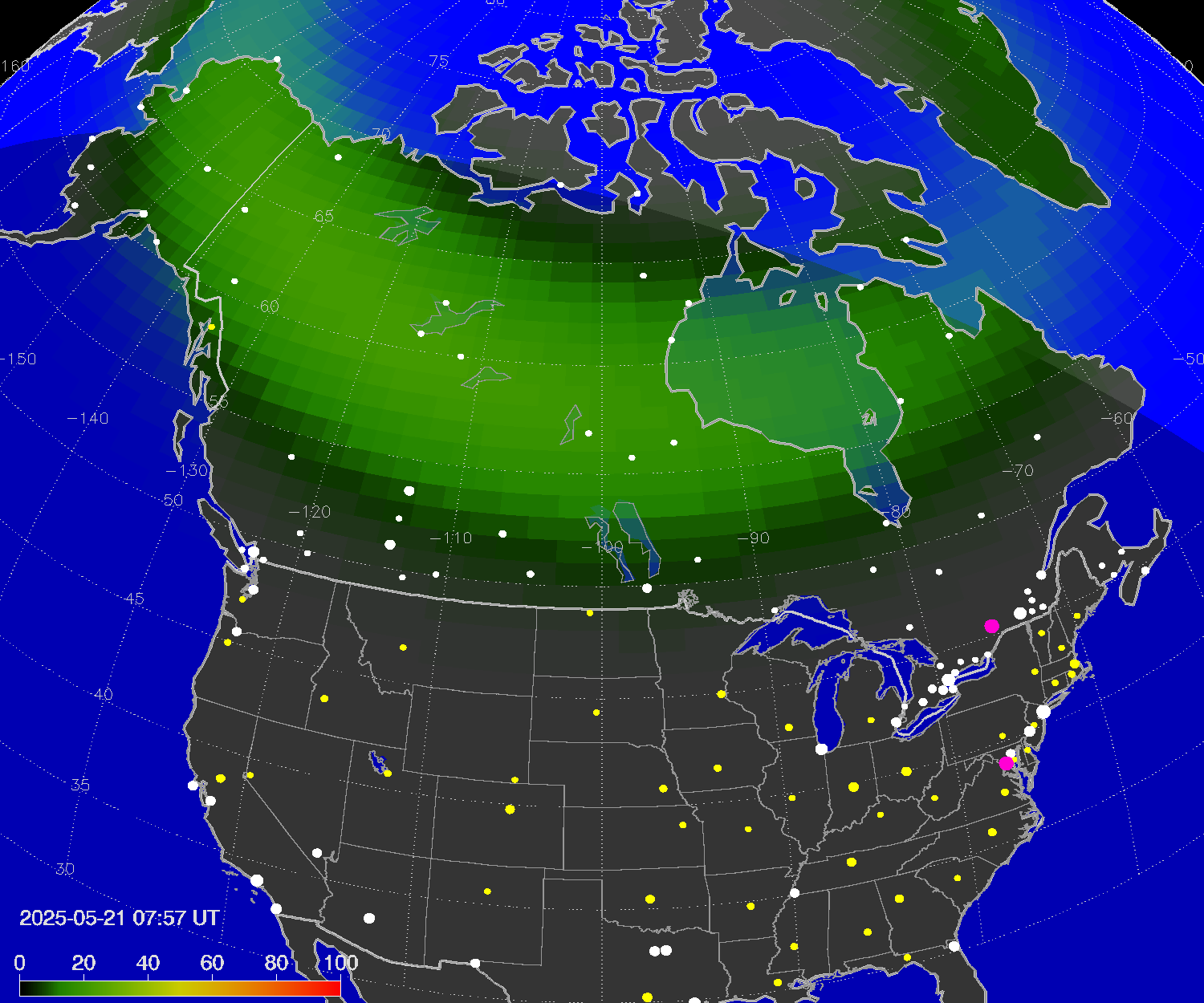 Northern lights (auroras) over North America