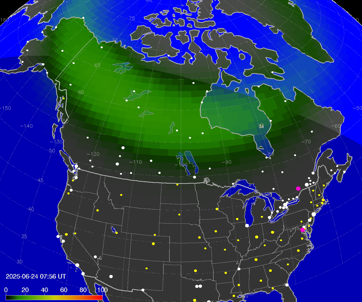 Northern lights (auroras) over North America