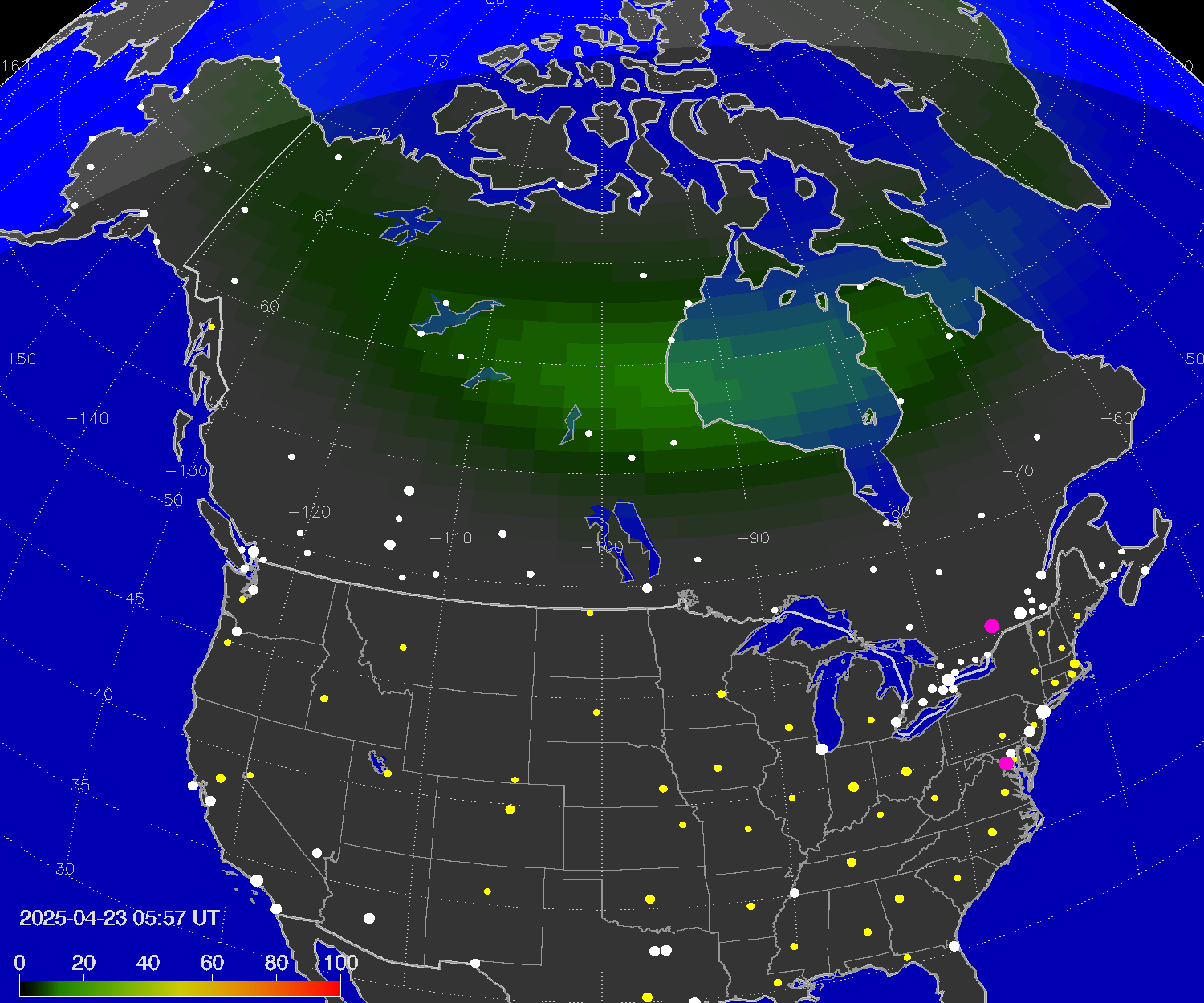 Northern lights (auroras) over North America
