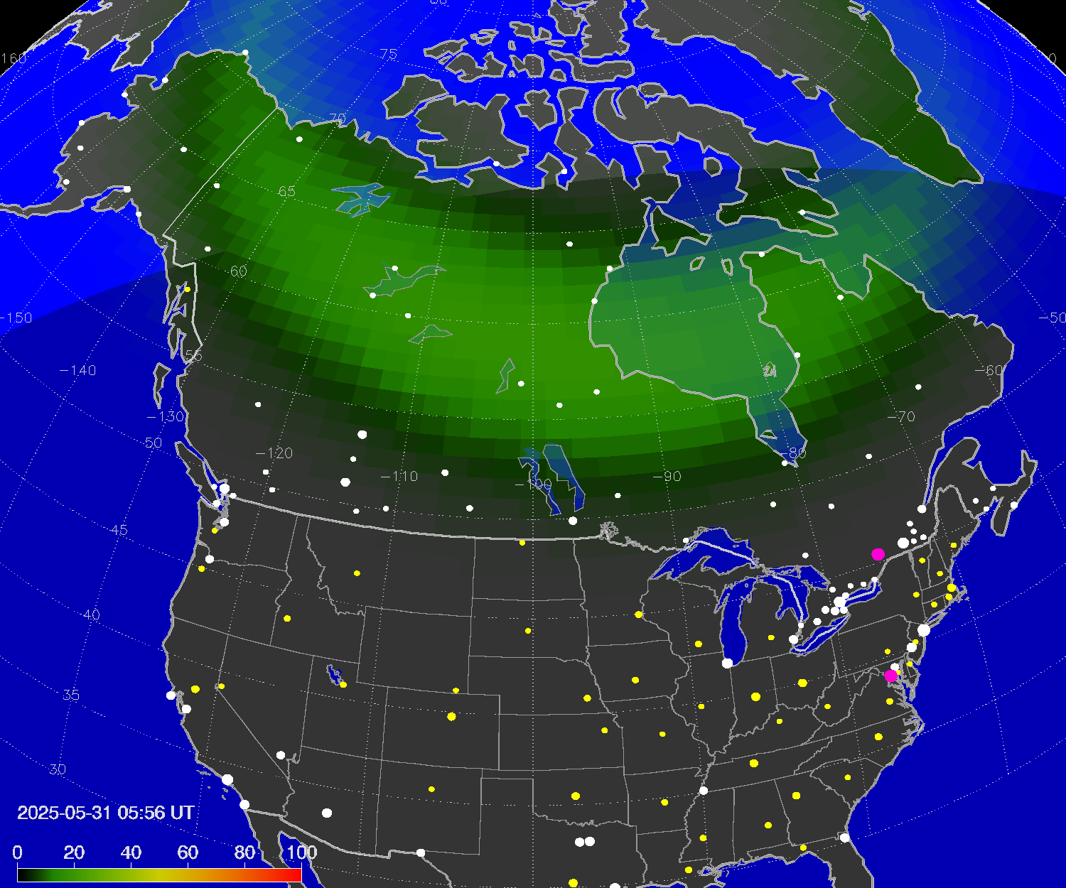 Northern lights (auroras) over North America