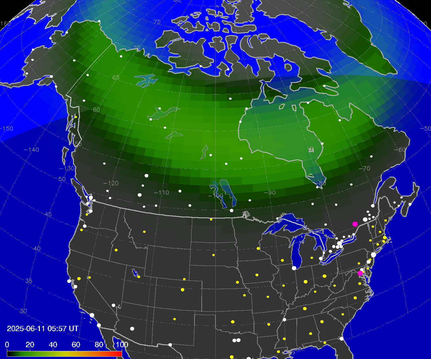 Northern lights (auroras) over North America