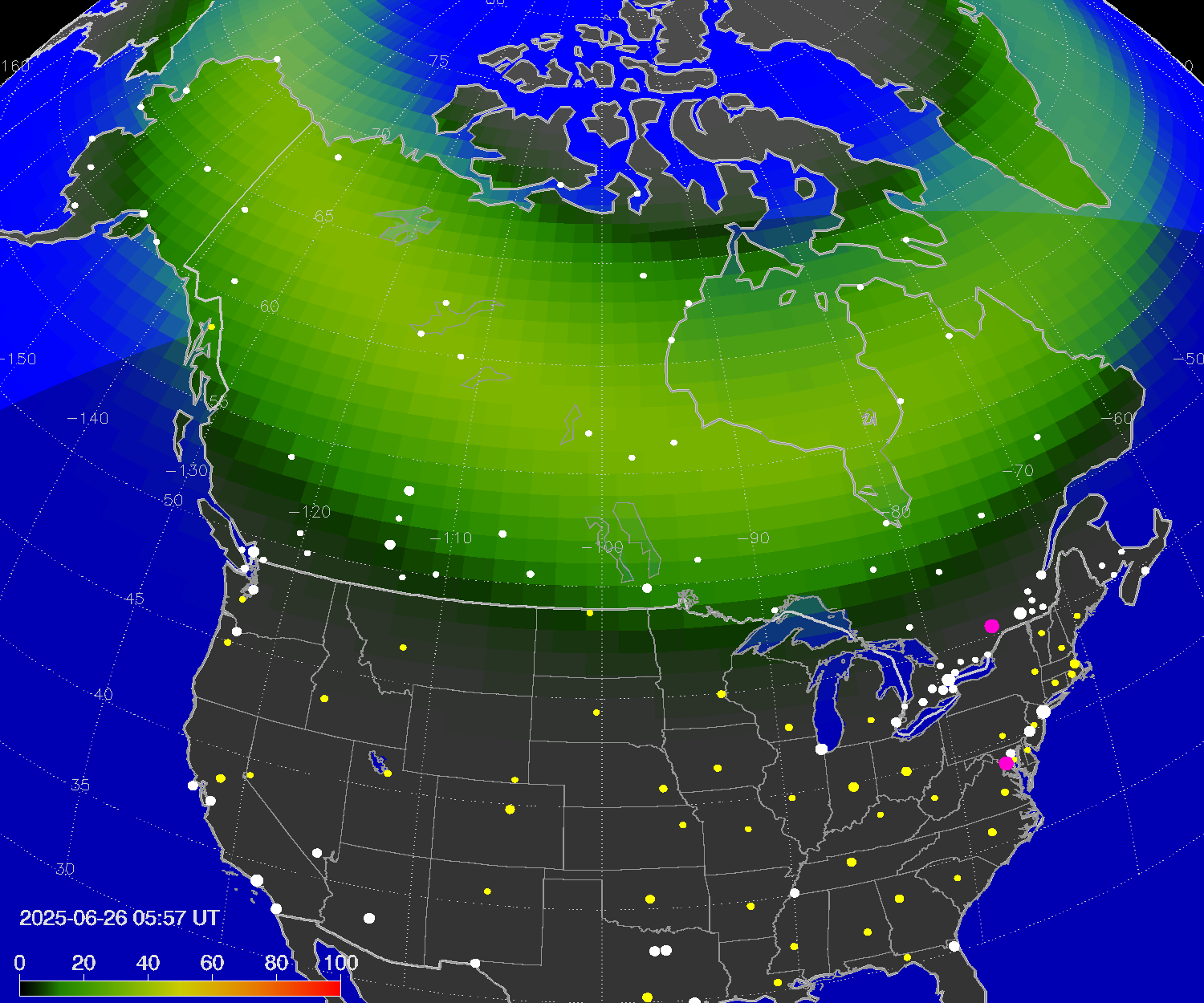 Northern lights (auroras) over North America