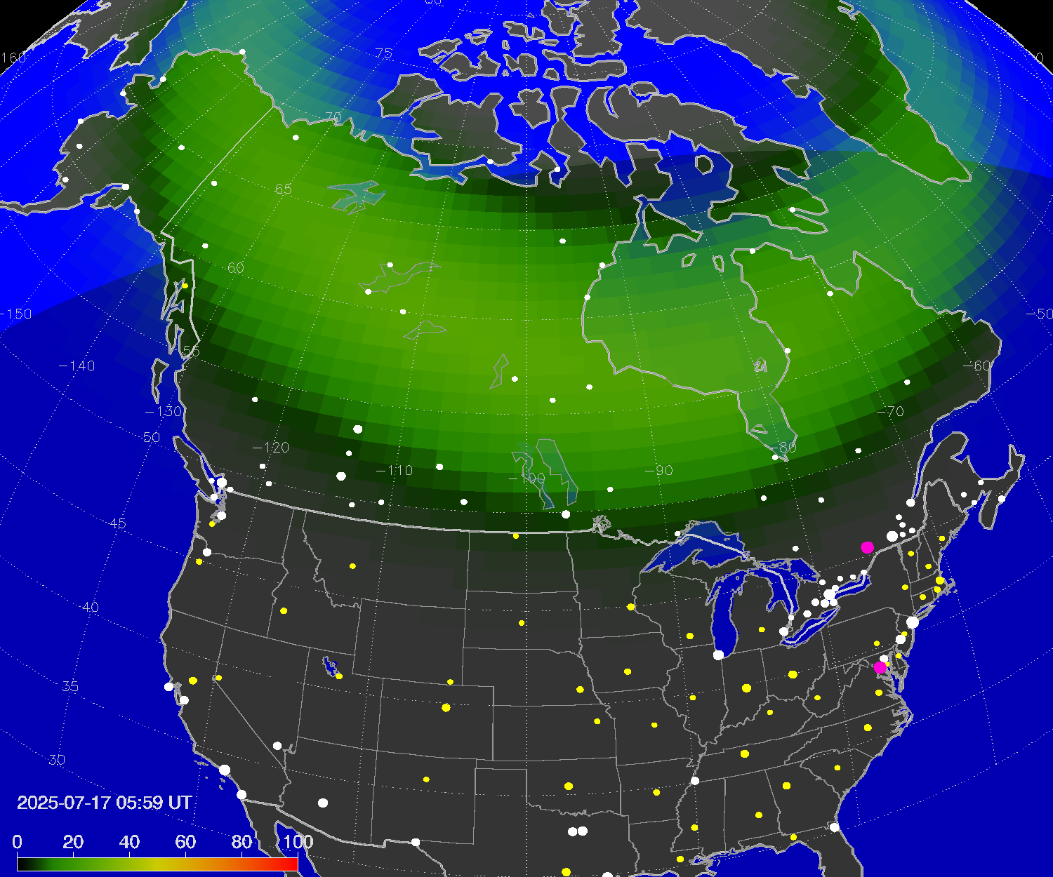Northern lights (auroras) over North America