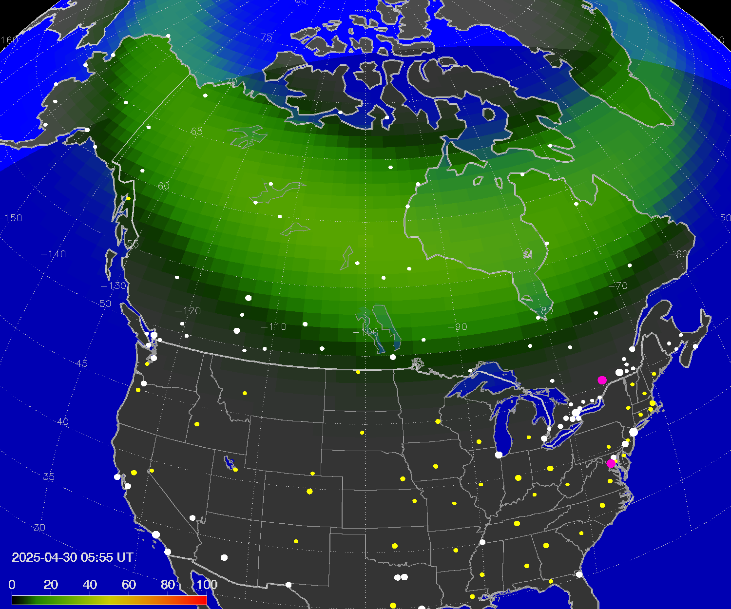 Northern lights (auroras) over North America