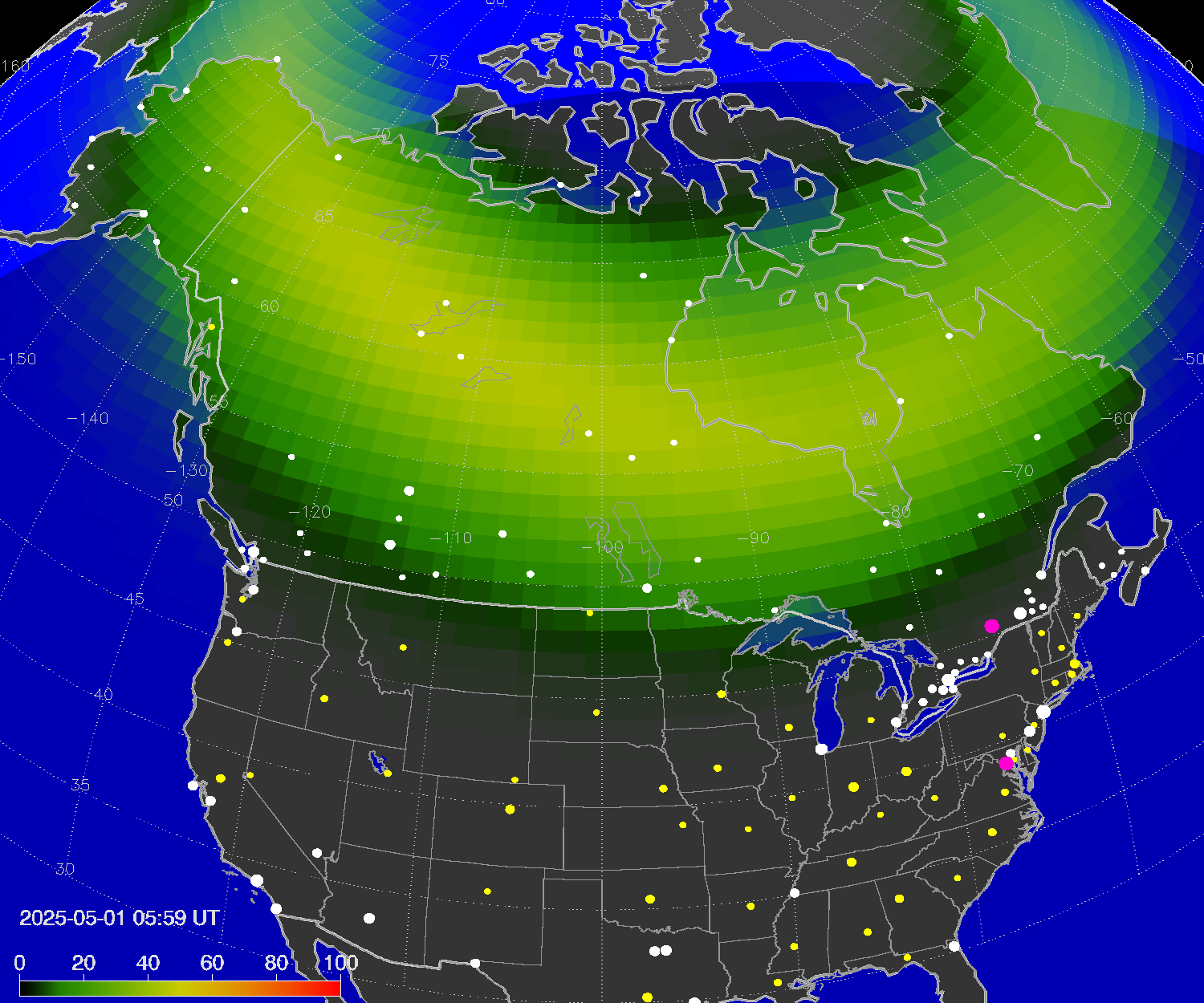 Northern lights (auroras) over North America