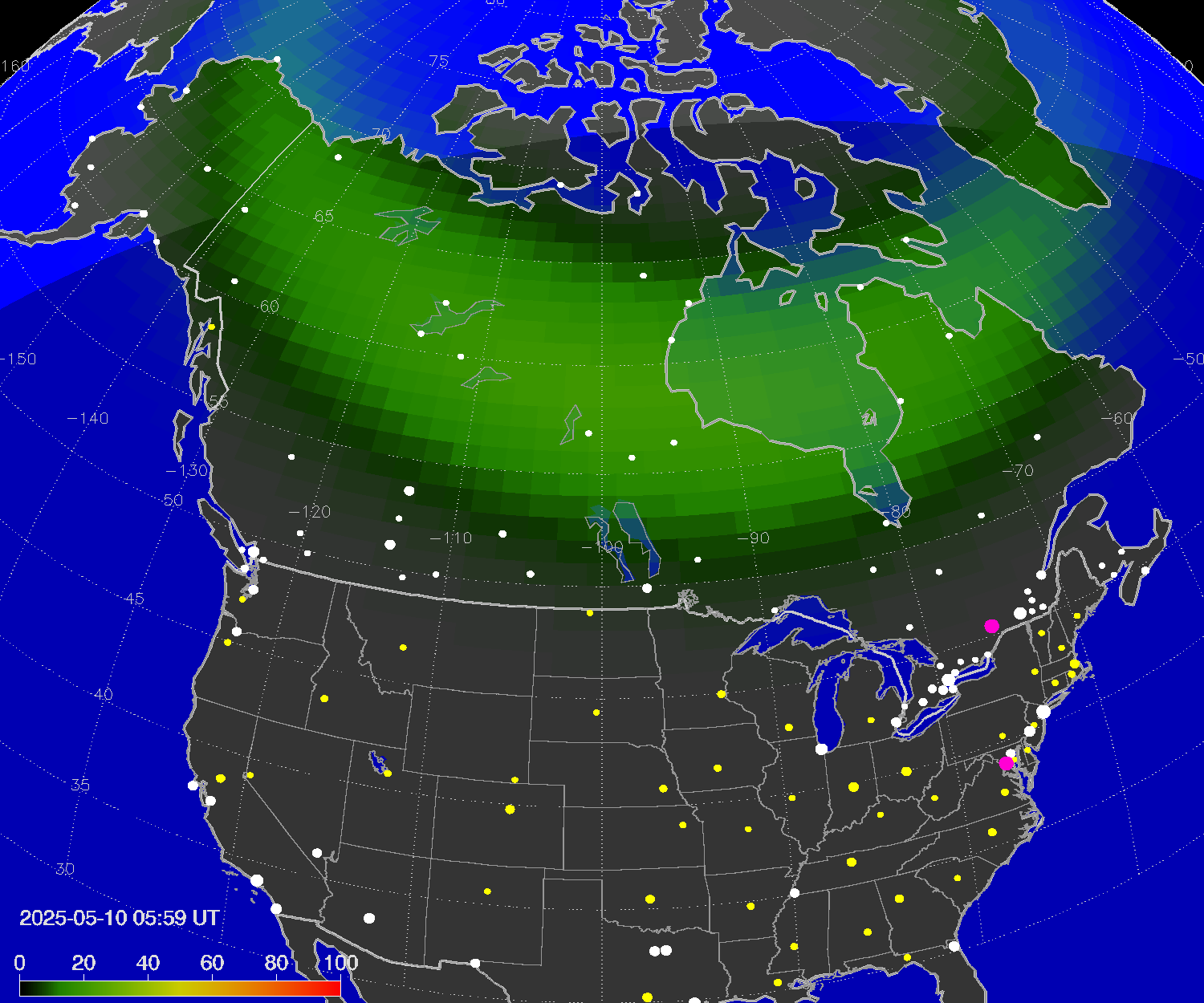 Northern lights (auroras) over North America