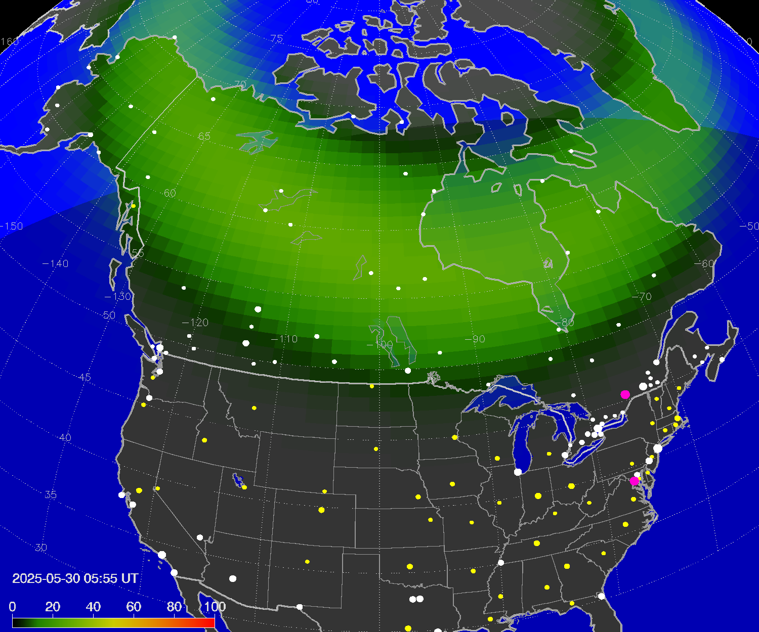 Northern lights (auroras) over North America