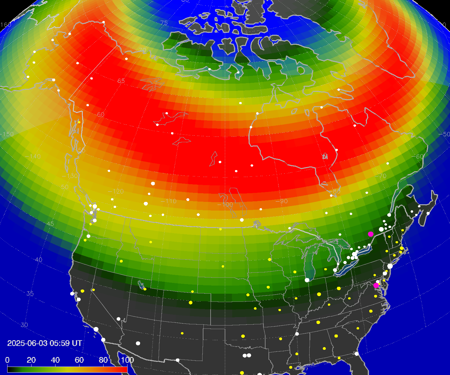 Northern lights (auroras) over North America