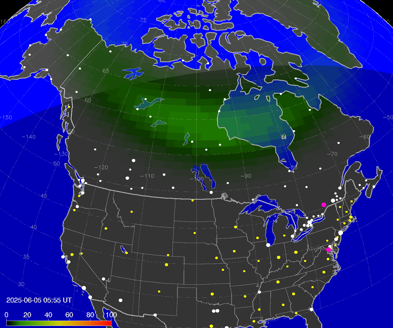 Northern lights (auroras) over North America