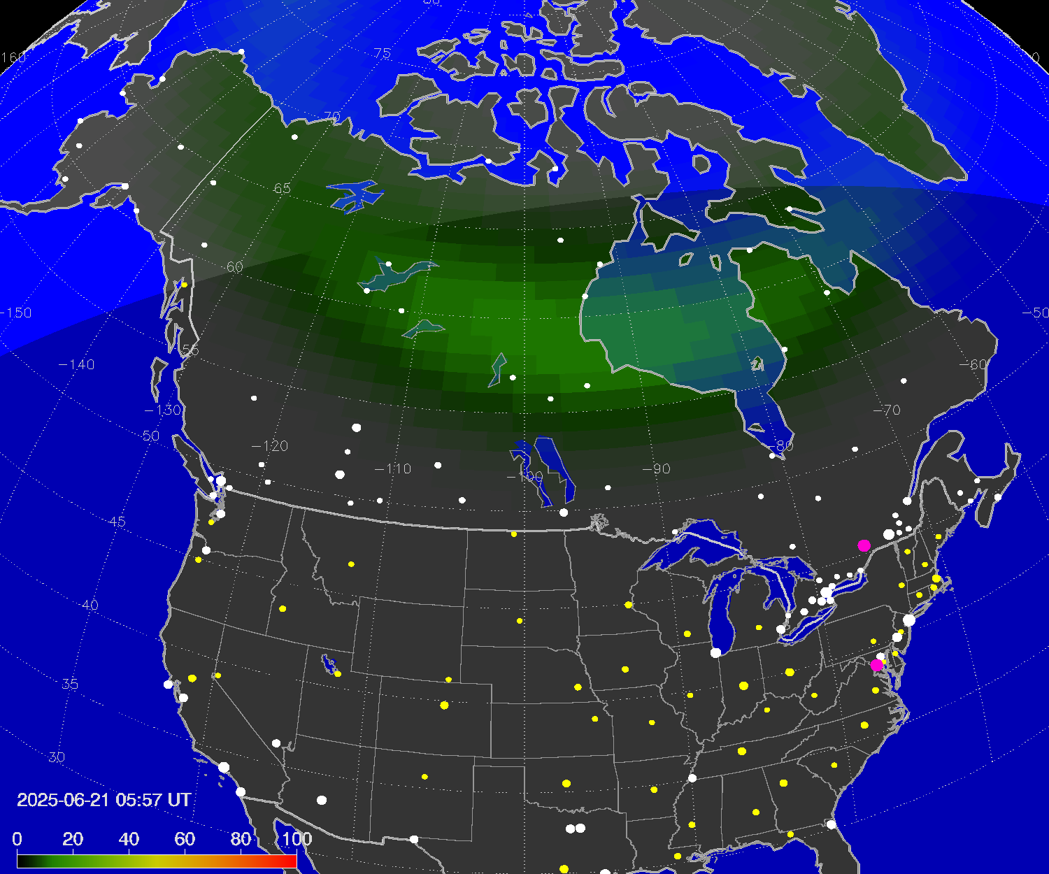 Northern lights (auroras) over North America