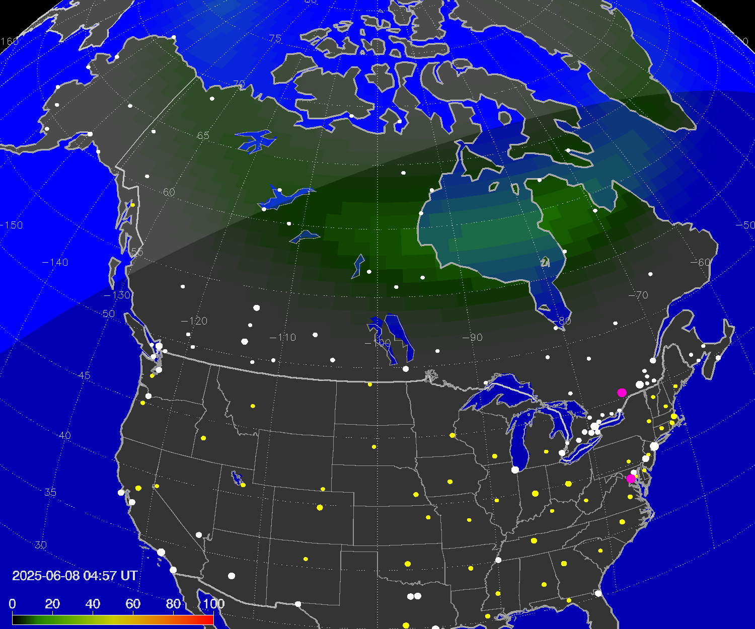 Northern lights (auroras) over North America