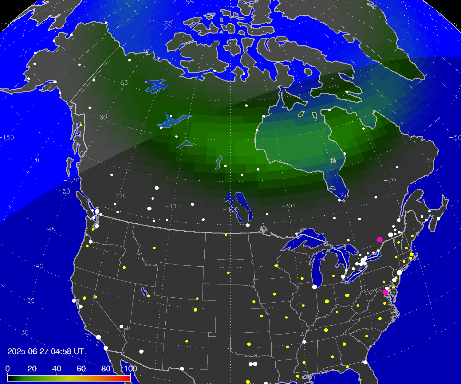 Northern lights (auroras) over North America