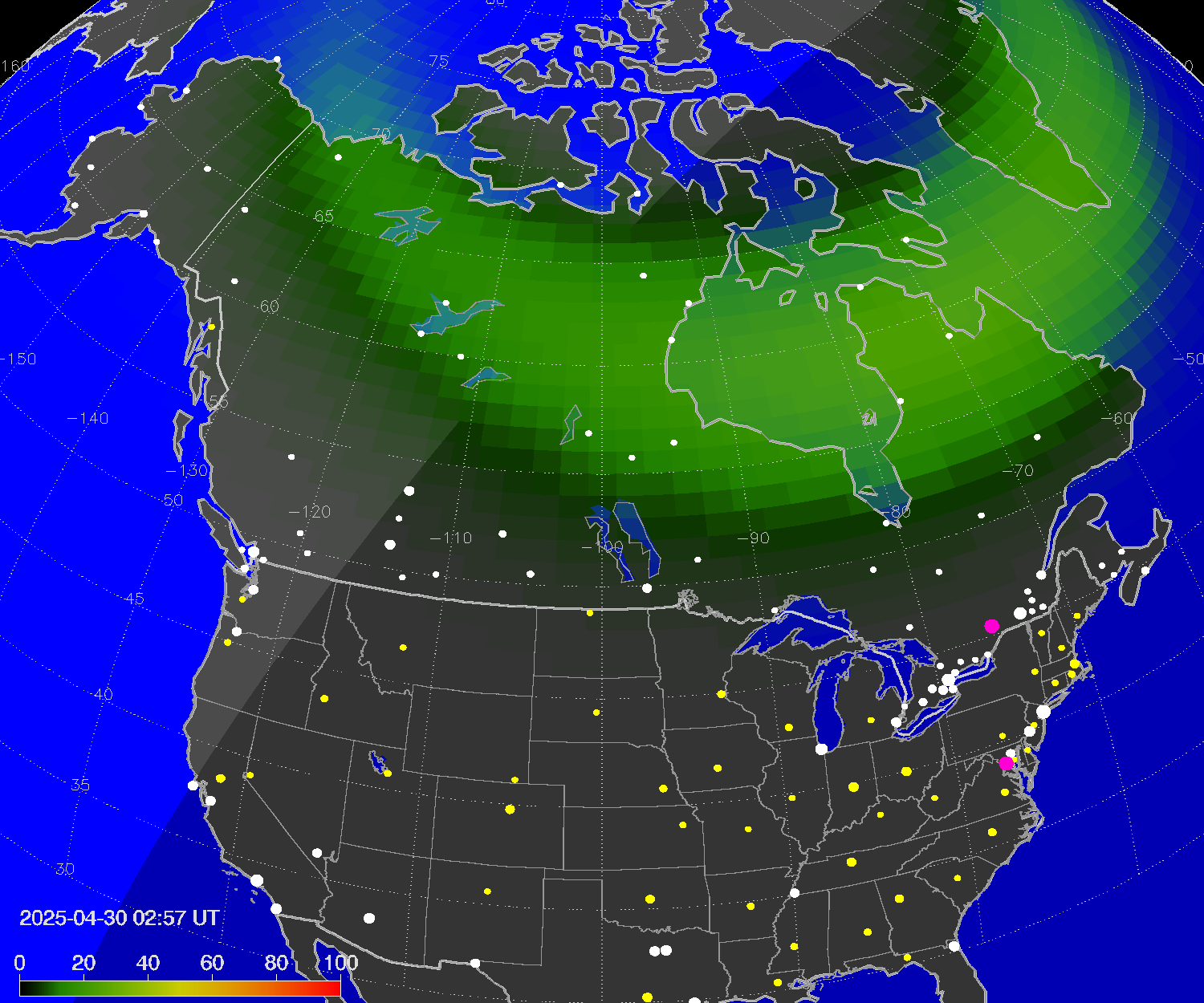 Northern lights (auroras) over North America