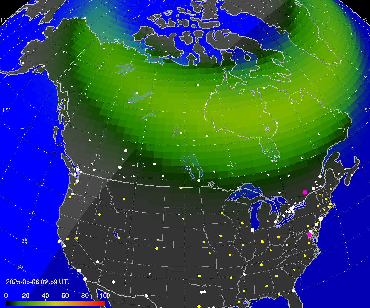 Northern lights (auroras) over North America