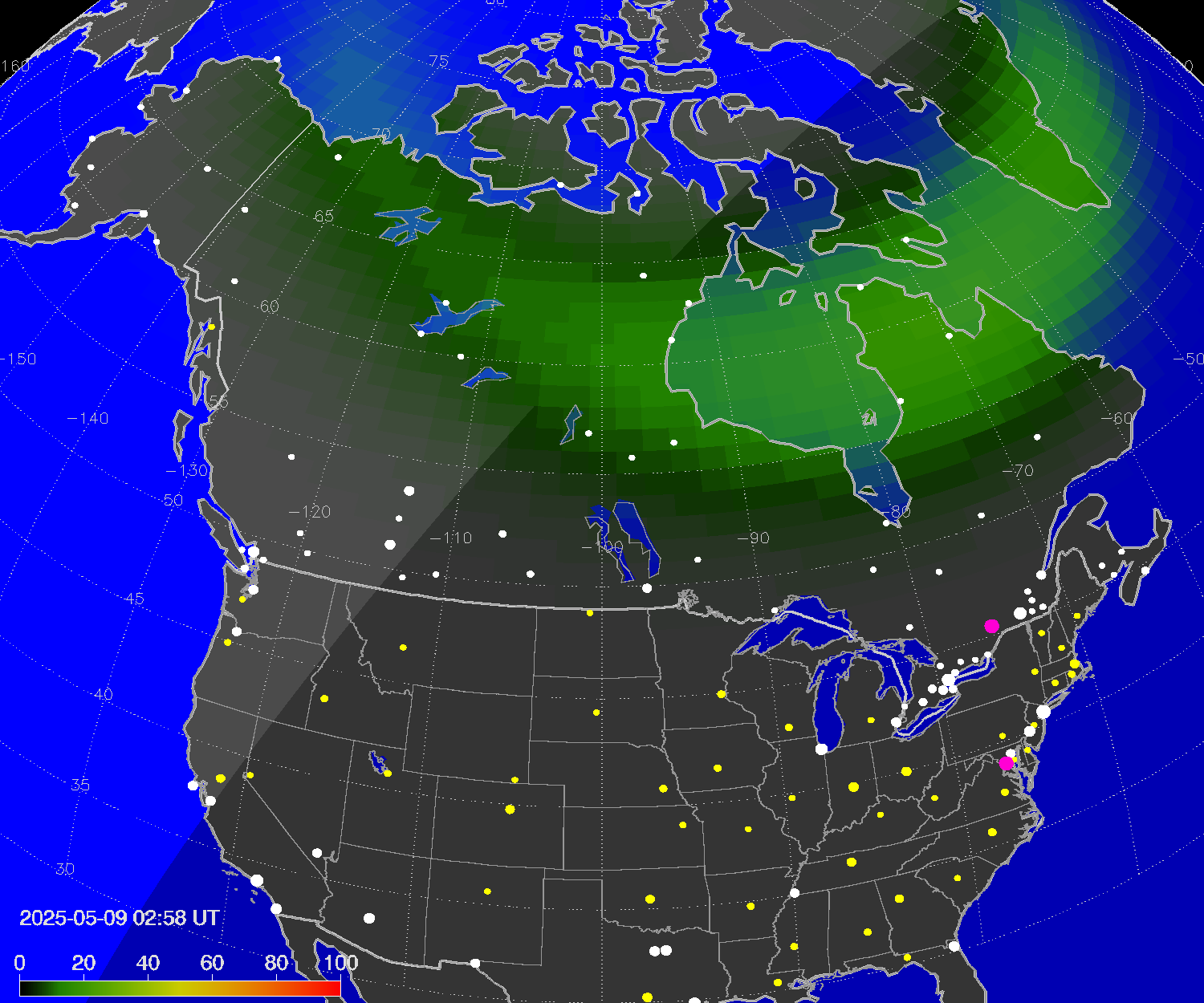 Northern lights (auroras) over North America
