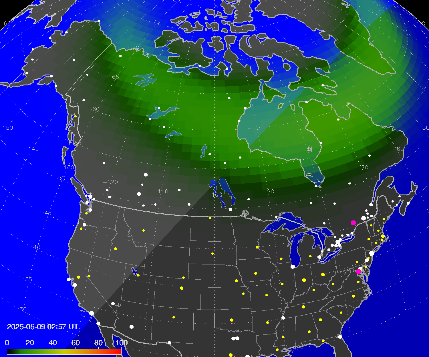 Northern lights (auroras) over North America