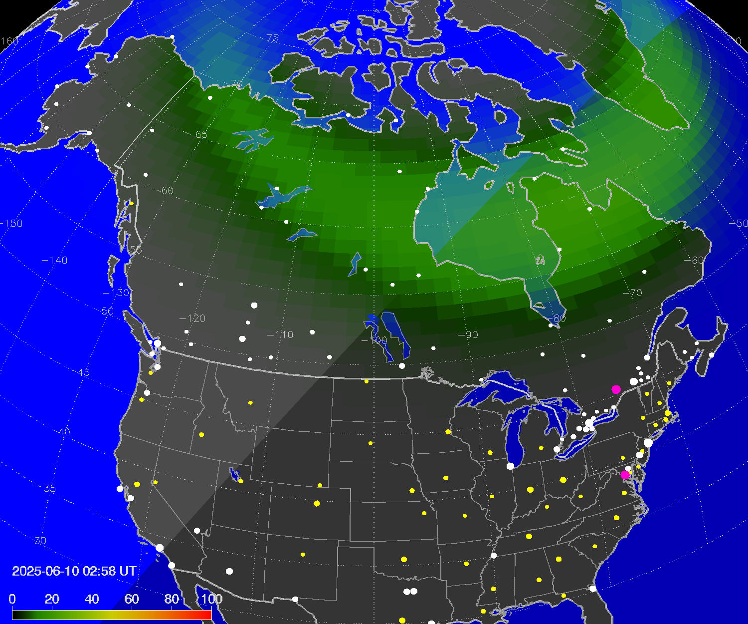 Northern lights (auroras) over North America