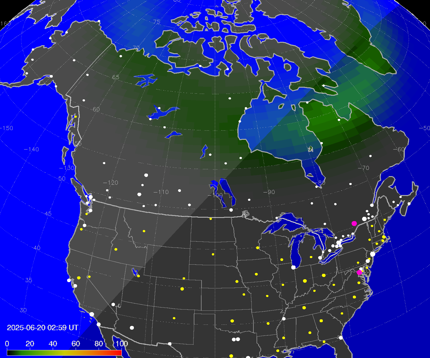 Northern lights (auroras) over North America