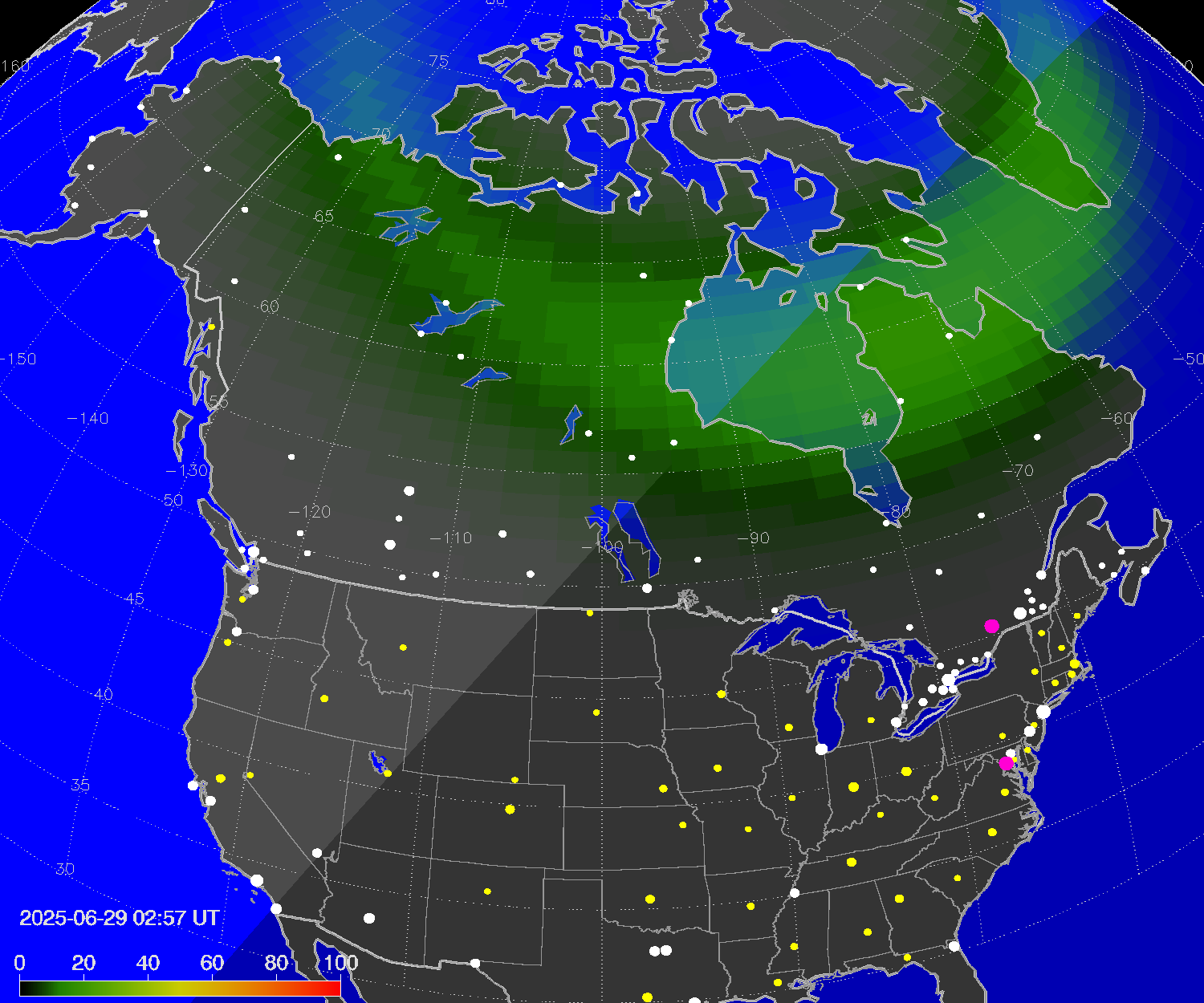 Northern lights (auroras) over North America