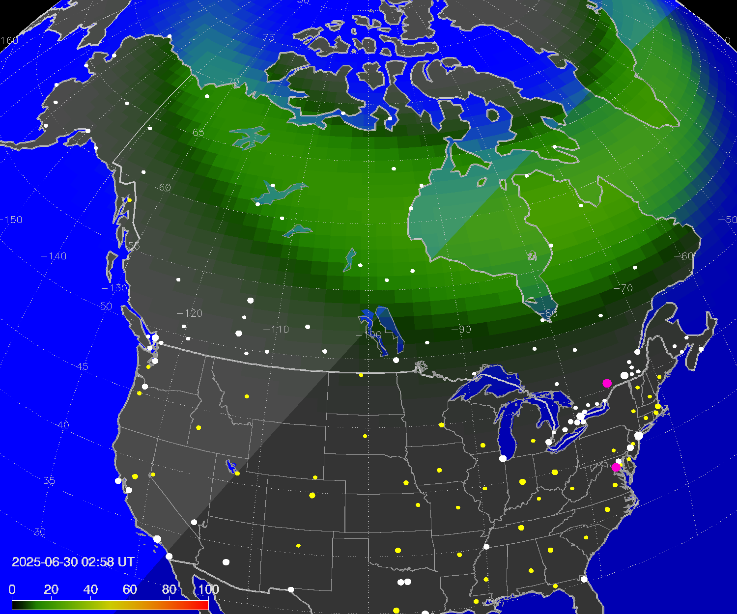 Northern lights (auroras) over North America