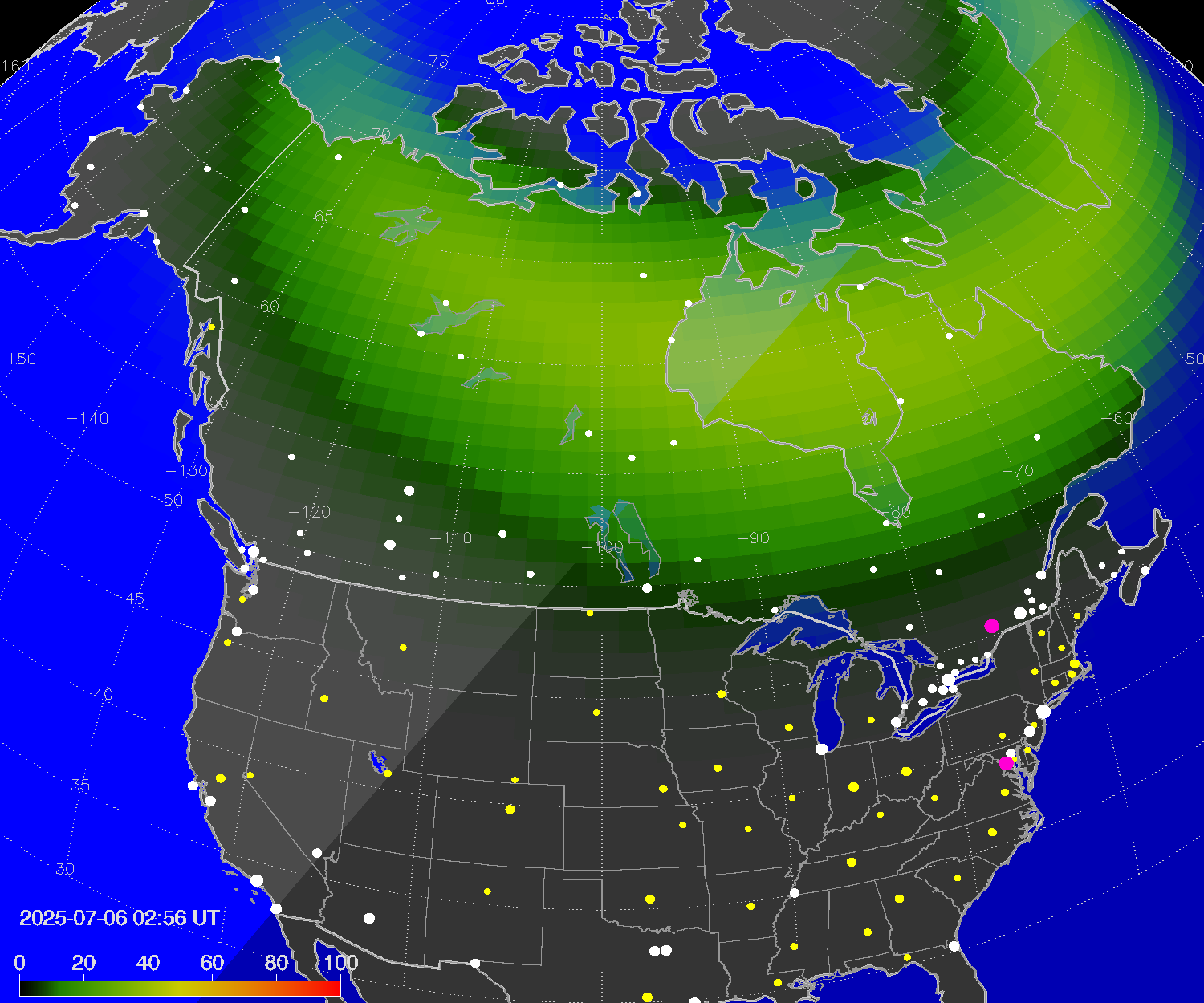 Northern lights (auroras) over North America