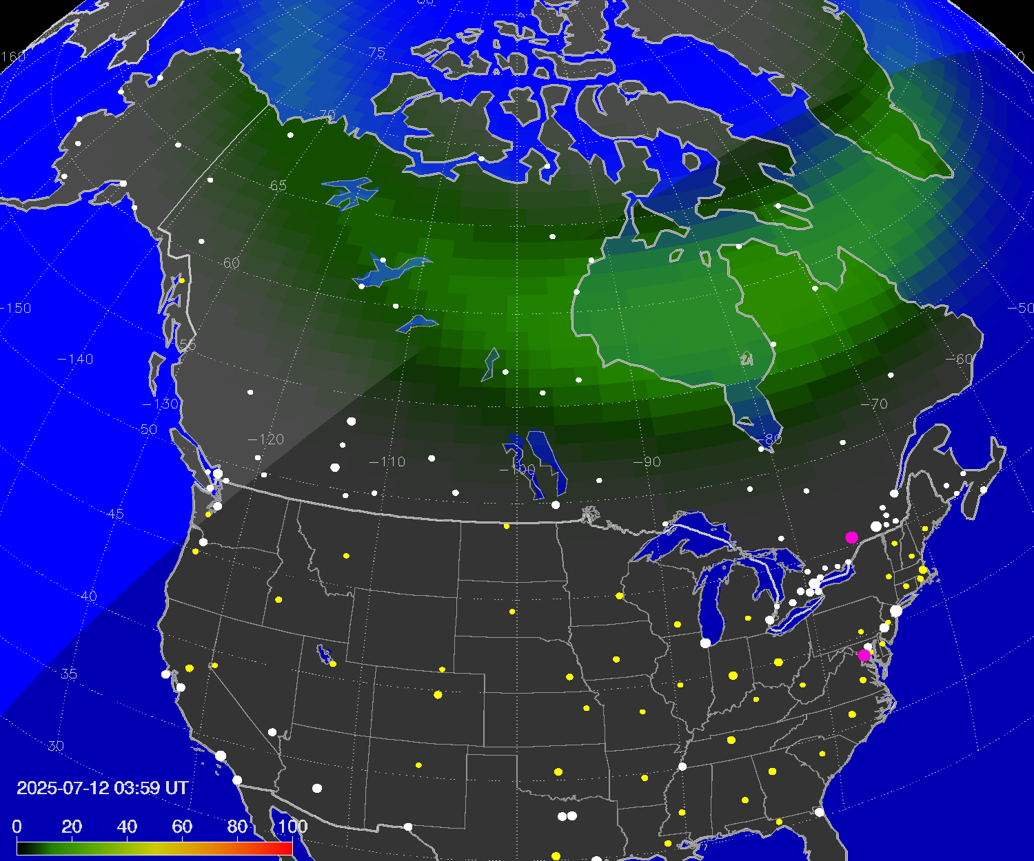 Northern lights (auroras) over North America